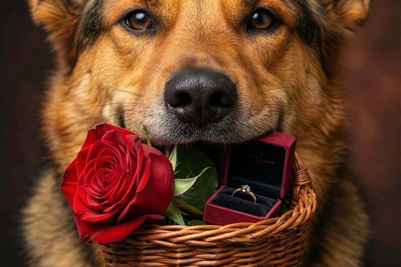 Een hond houdt een klein rieten mandje in zijn bek met een rode roos en een open doosje met een ring, tegen een donkere, onscherpe achtergrond.