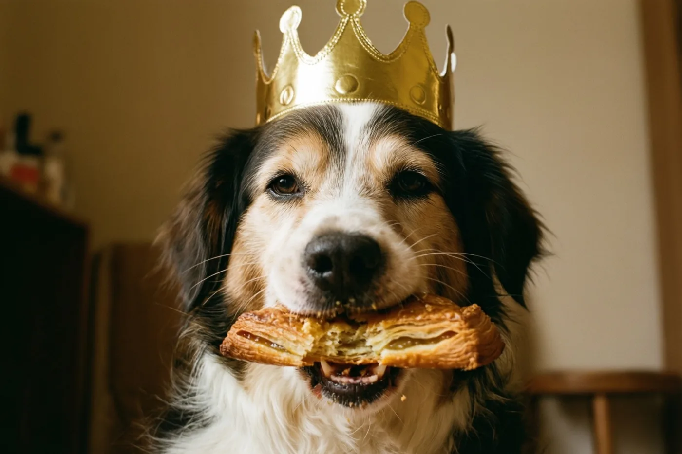 Een hond met een goudkleurige papieren kroon houdt een deels opgegeten galette in zijn bek in een warm verlichte binnenruimte met een wazige achtergrond.