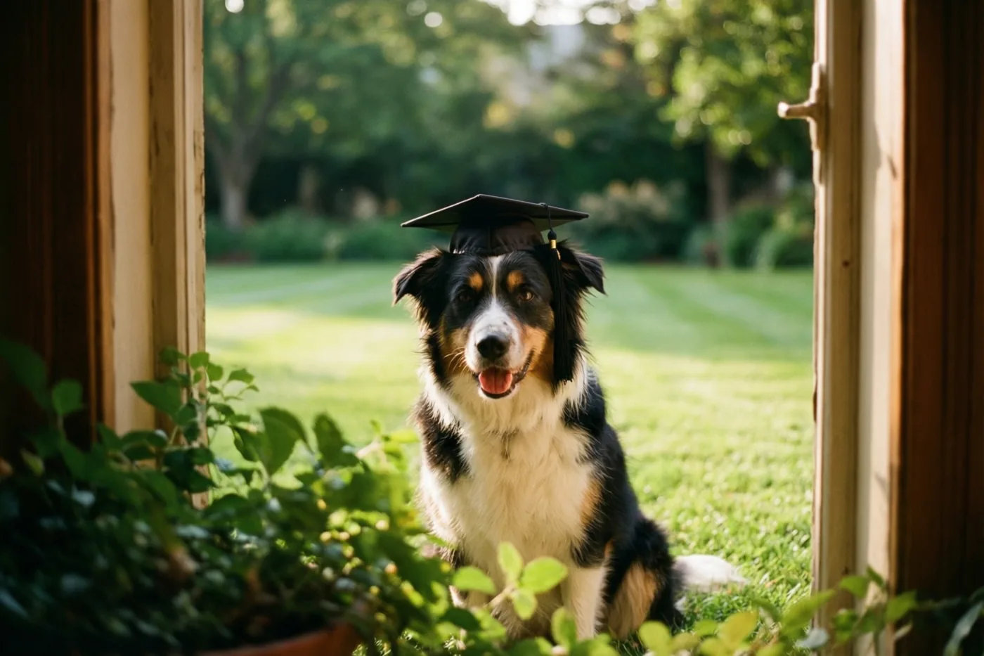 Een zwart-wit-bruine hond met een kleine afstudeerhoed zit op een zonnig groen gazon, gezien door een open deuropening.