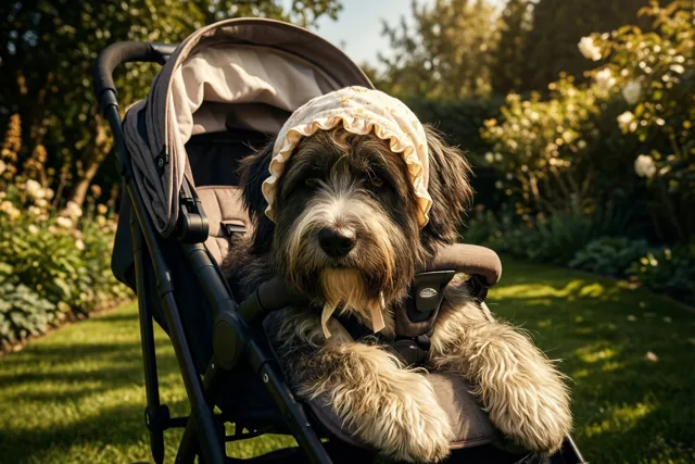 De hond test de kinderwagen