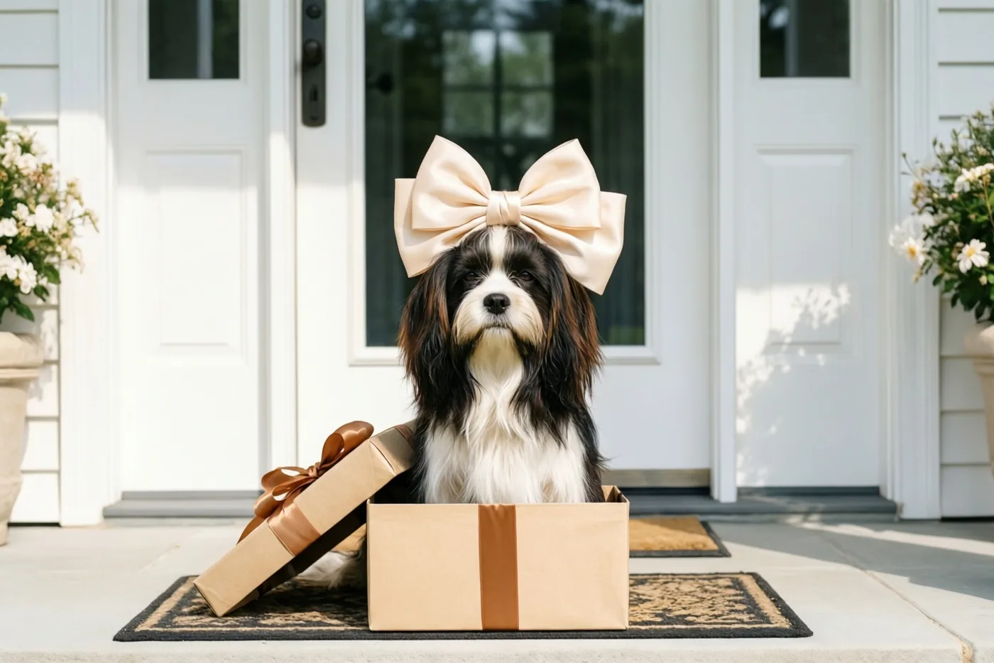 Een zwart-witte hond met een grote beige strik op zijn kop zit in een beige geschenkdoos op een drempel voor een witte deur, tussen bloempotten.