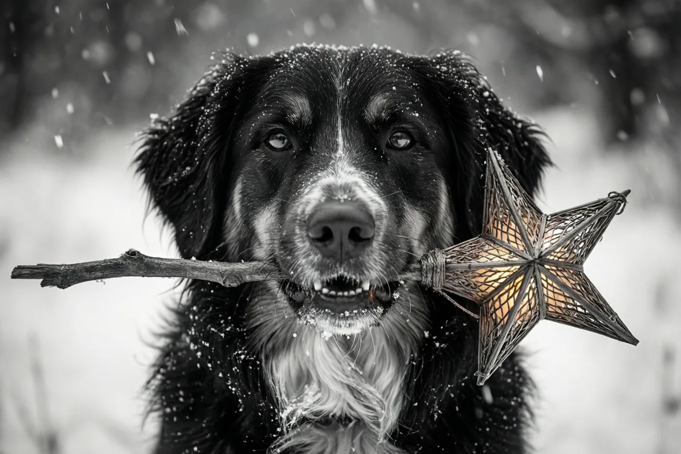 Een hond met sneeuw op zijn vacht houdt een stok met een brandende sterlantaarn in zijn bek, tegen een besneeuwde achtergrond in een zwart-witbeeld.