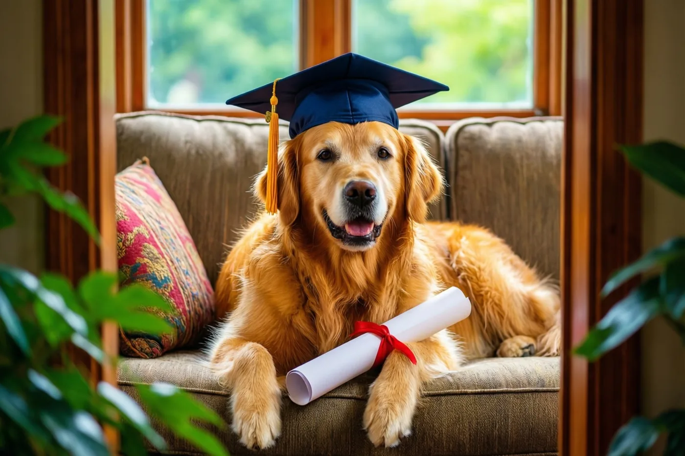 Een golden retriever ligt op een bruine zetel met een blauwe afstudeerhoed en een opgerold diploma met rood lint, bij raamlicht en groene planten.