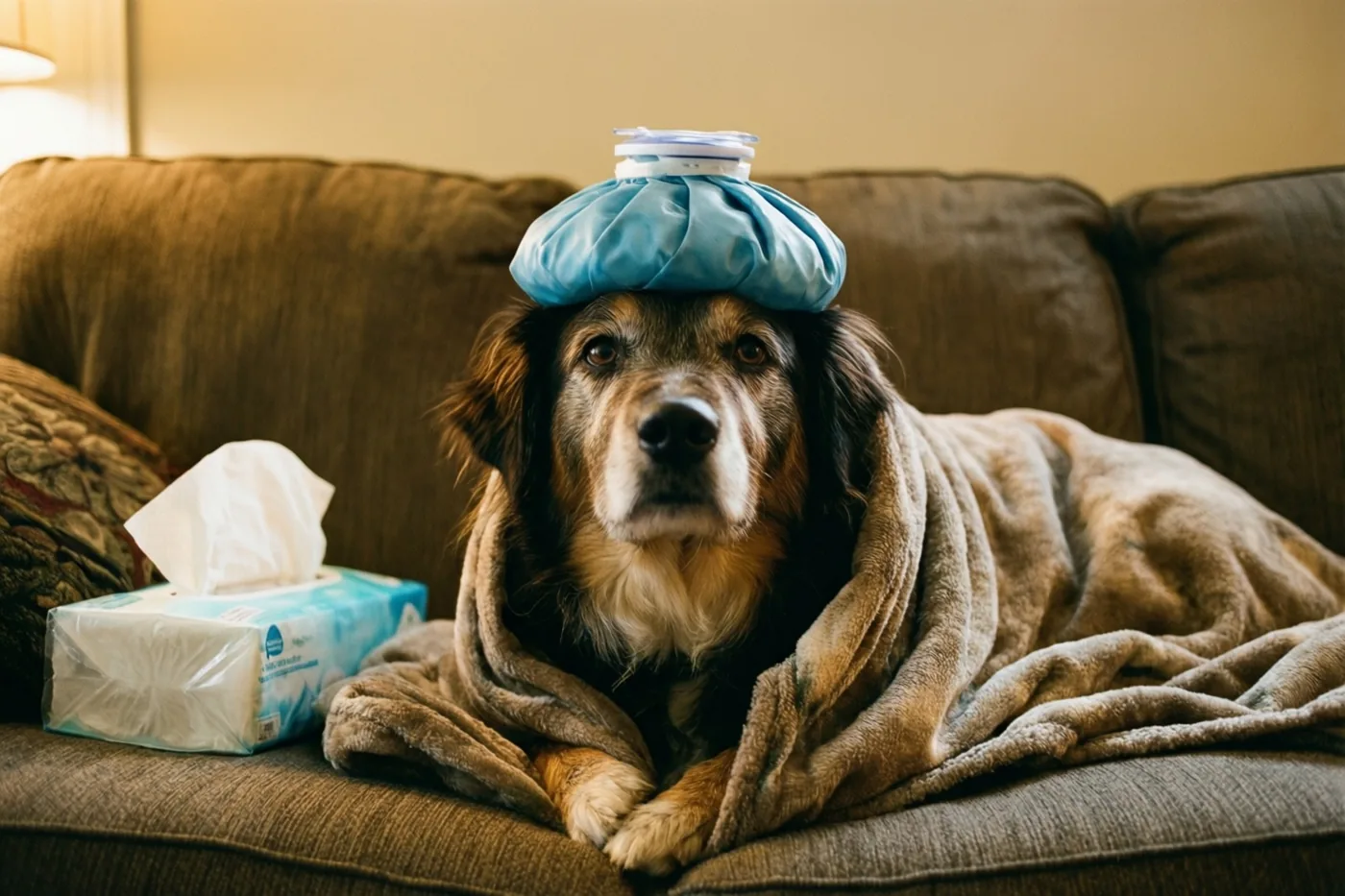 Een hond ligt in een bruin deken op een bruine zetel met een blauwe koelzak op de kop, in warm licht.