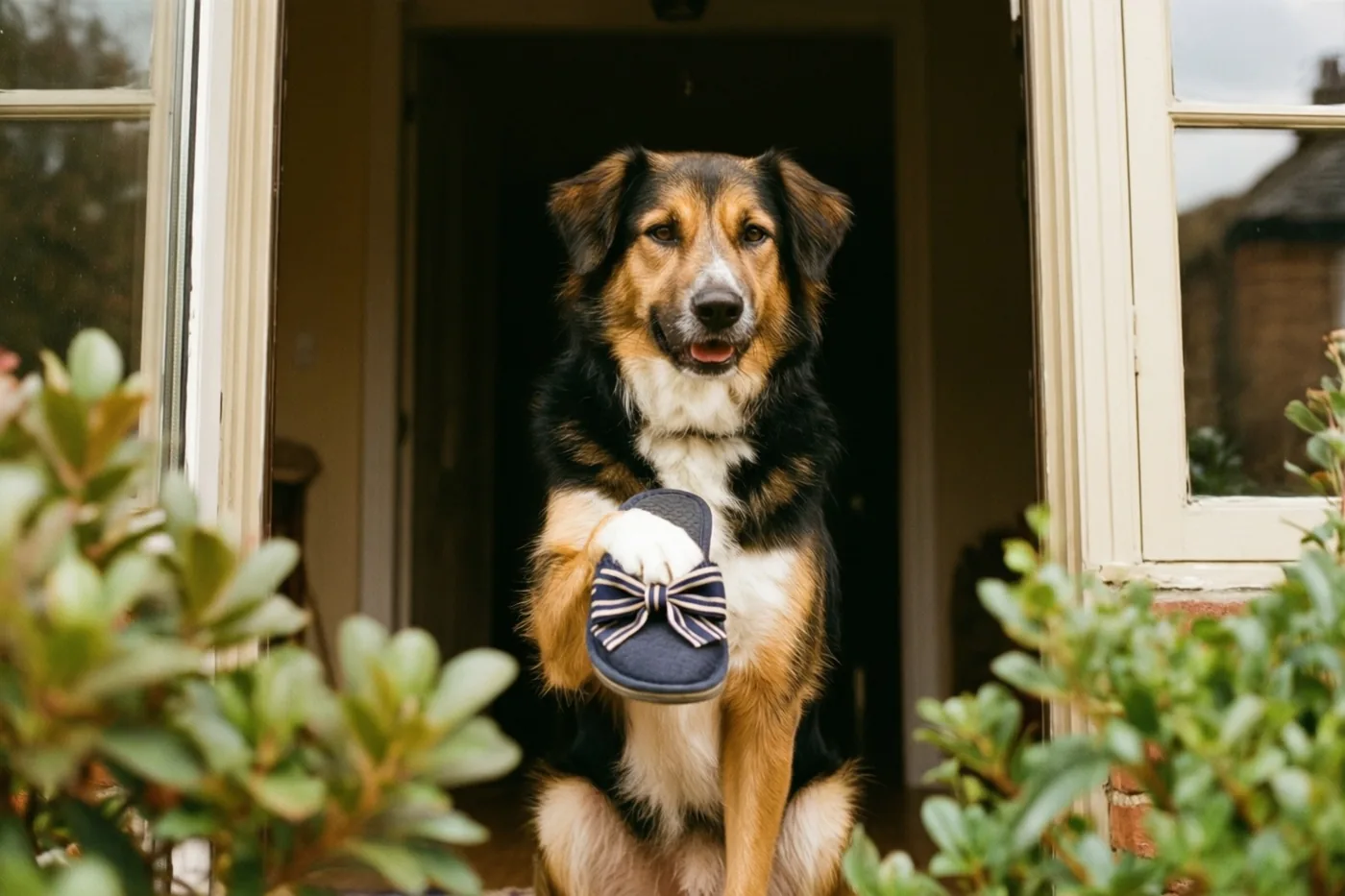 Een zwart-bruin-witte hond zit in een deuropening met een blauwe pantoffel met gestreepte strik in zijn bek en groen op de voorgrond.
