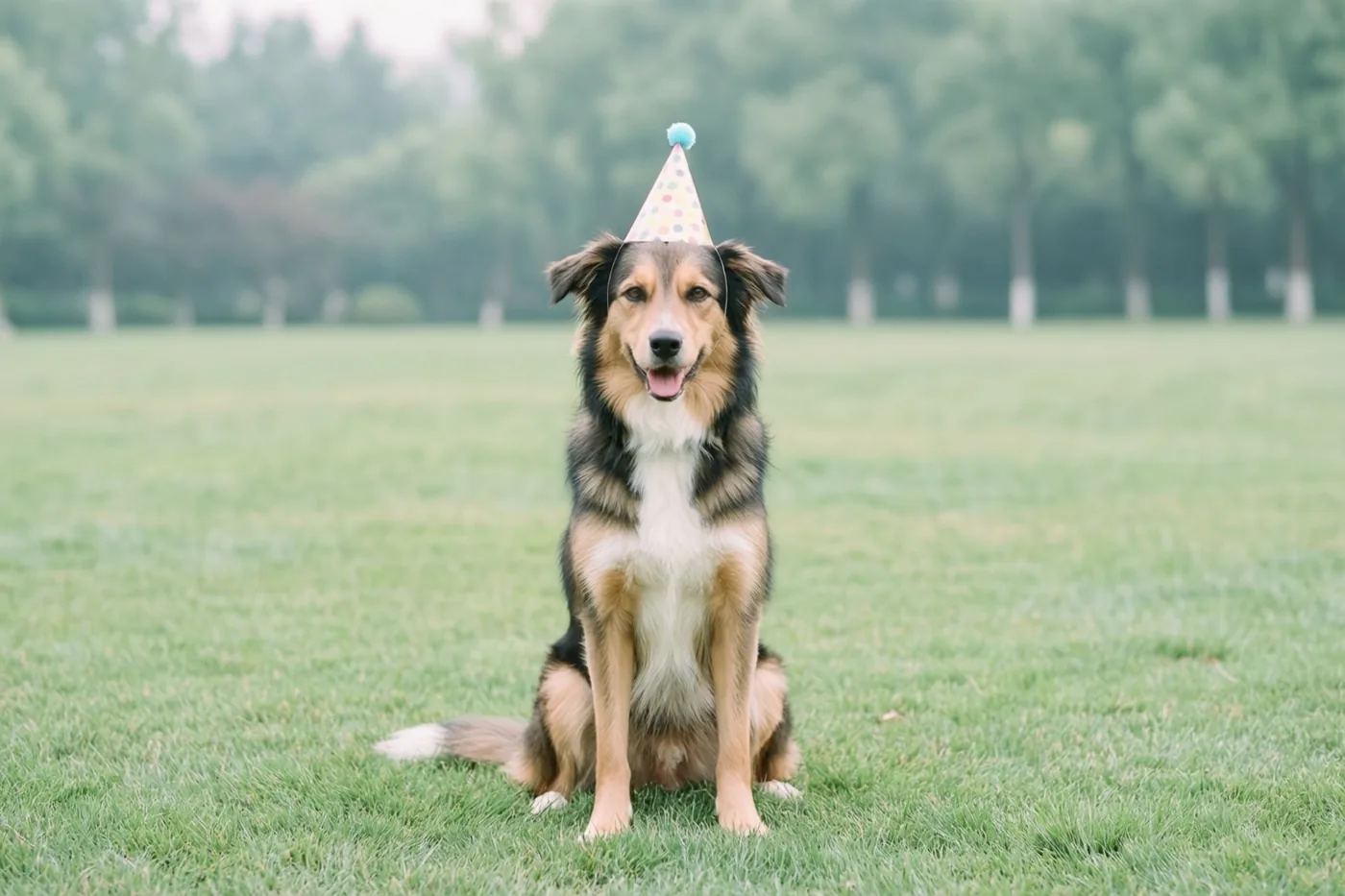 Een bruin-zwart-witte hond met een kleurrijk feesthoedje met blauwe pompon zit op groen gras voor onscherpe bomen.