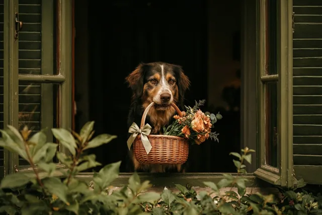 Een hond met bloemen bedankt je