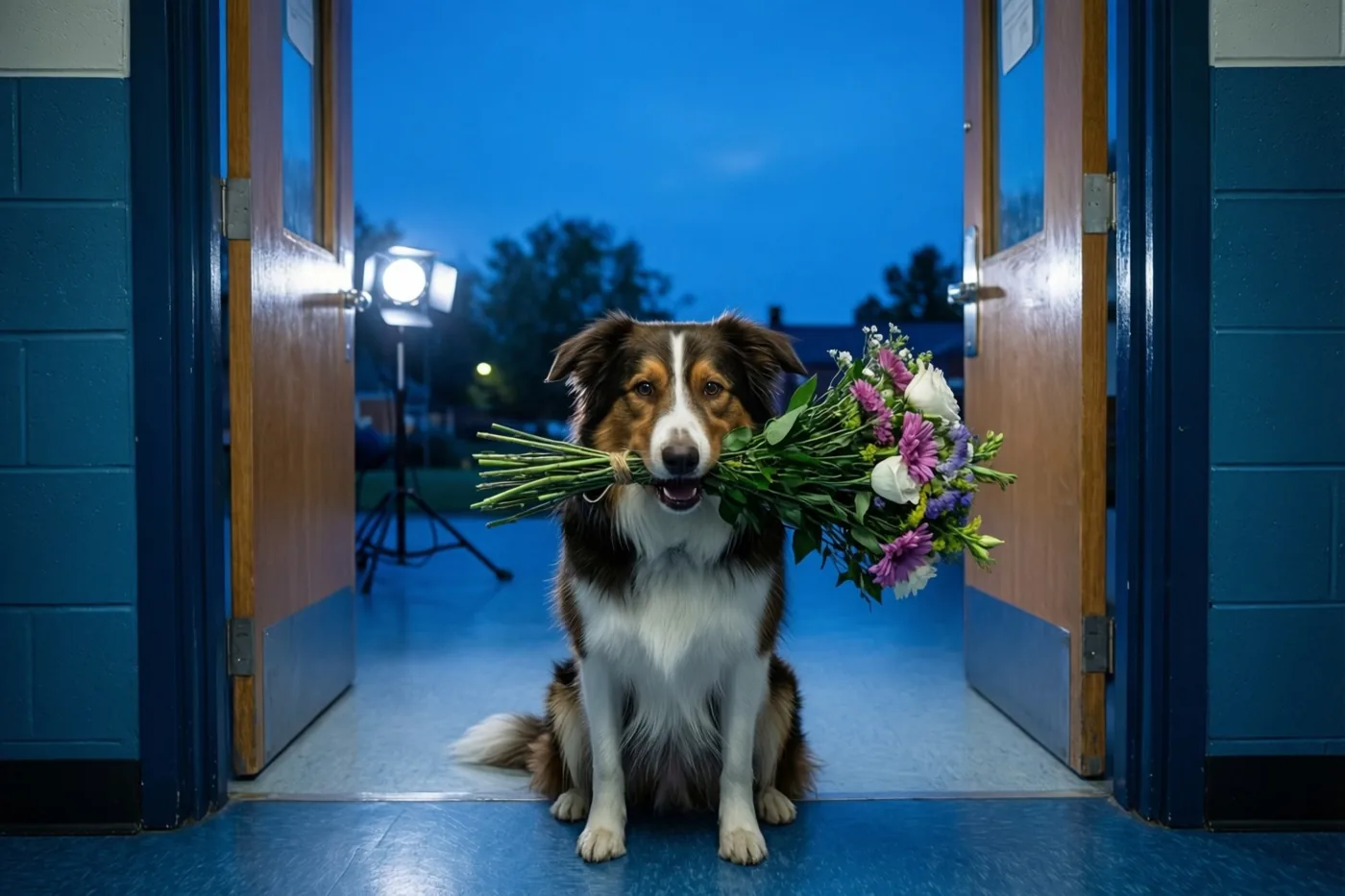 Een bruin-witte hond zit met een boeket bloemen in zijn bek in een deuropening, in een gang met blauwe muren en een blauwe vloer in avondlicht.