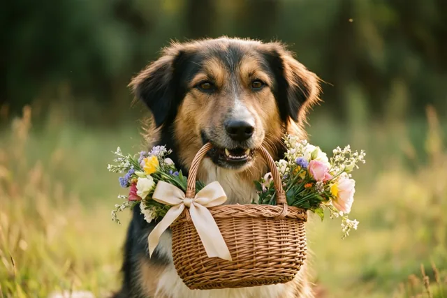 Een hond brengt bloemen voor jou