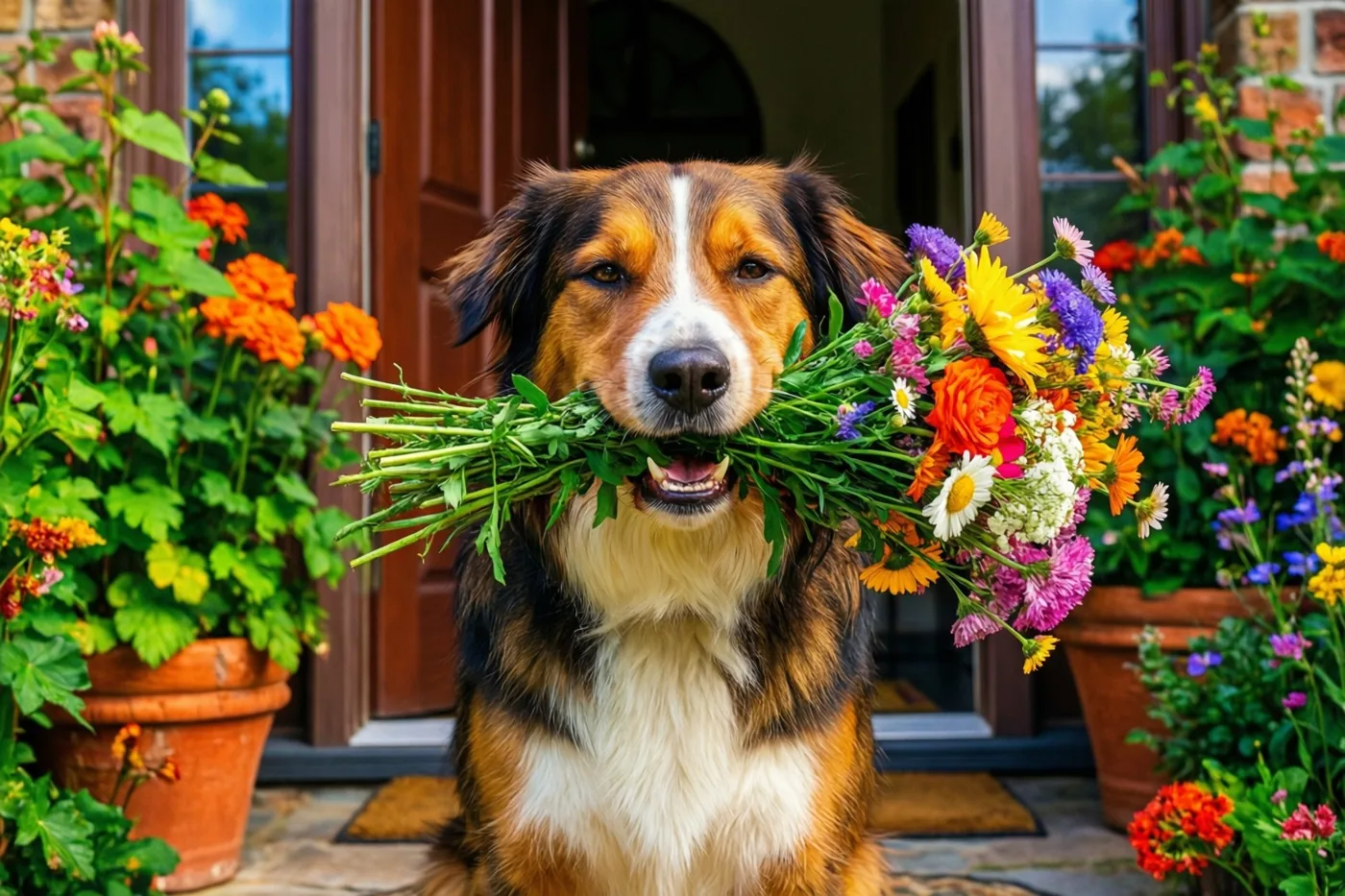 Een driekleurige hond zit buiten bij een houten voordeur met een kleurrijk boeket in zijn bek en potplanten om zich heen.