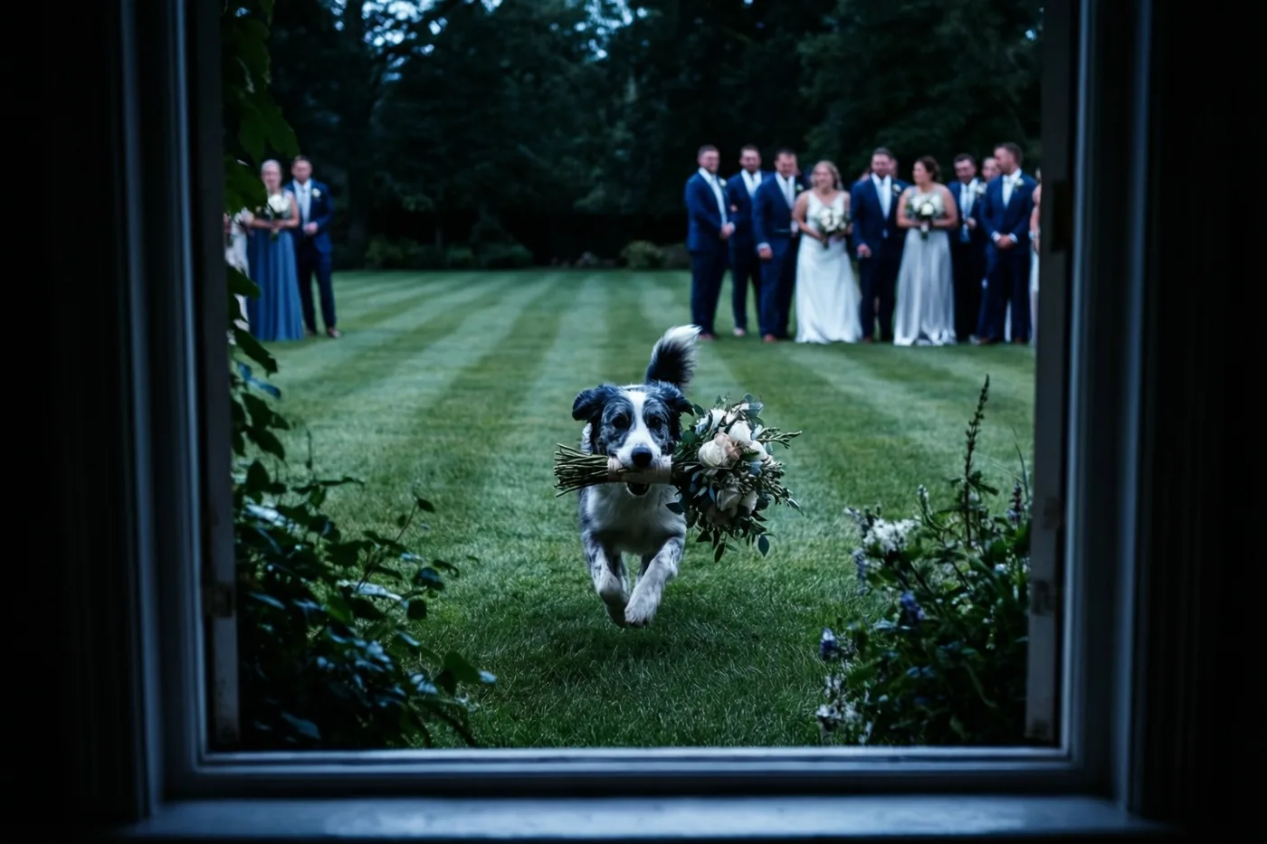 Door een donker raamkozijn met bladeren is een zwart-witte hond te zien die met een bruidsboeket over het gazon rent, met feestelijk geklede bruiloftsgasten onder de bomen erachter, in koele blauwe tinten.