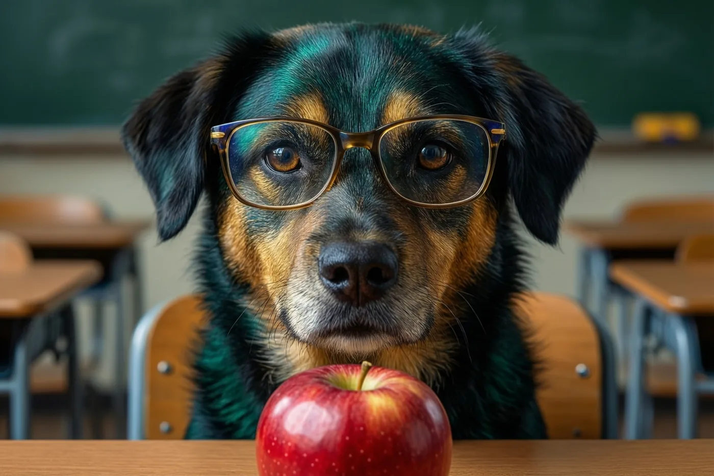 Een hond met een bril zit aan een schoolbank met een rode appel voor zich, in een klaslokaal met houten banken en een groen schoolbord.