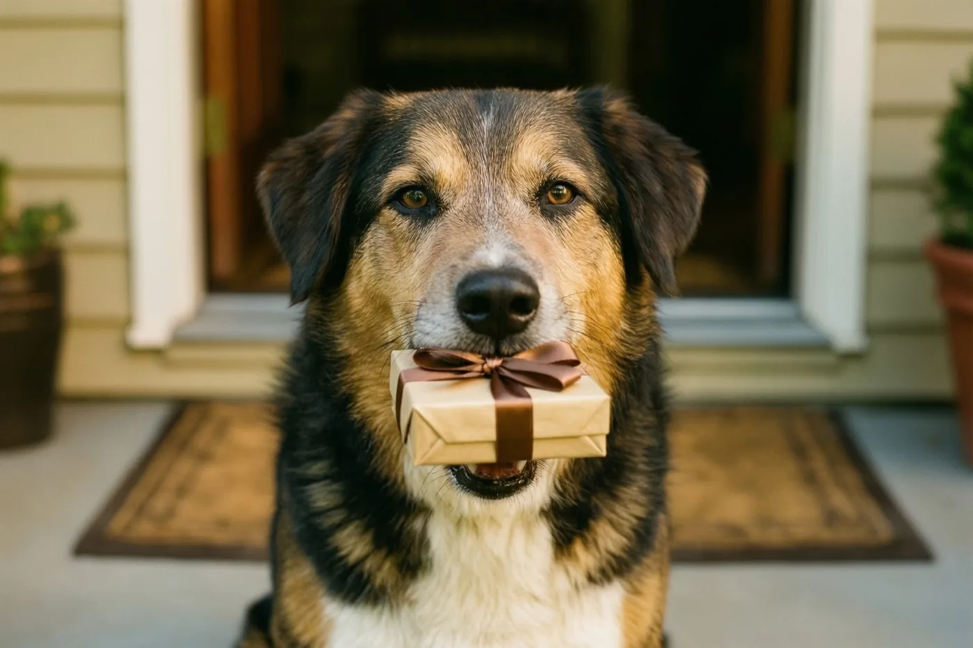 Een zwart-bruin-witte hond zit op een drempel met een klein cadeaudoosje met een bruine strik in zijn bek, voor een huis met beige gevelbekleding en potplanten.