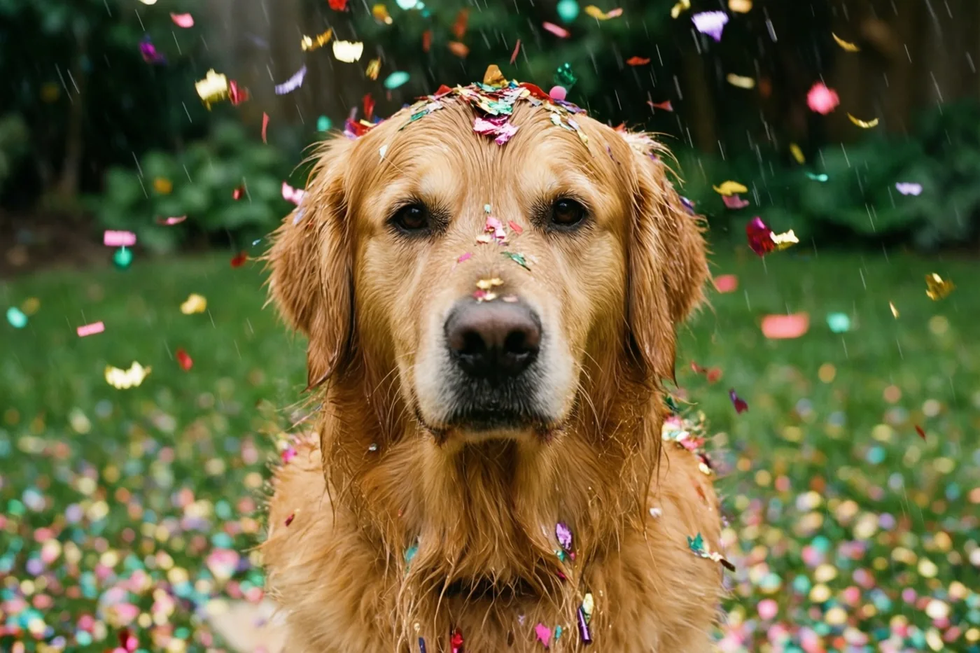 Een golden retriever zit op het gras in een tuin met kleurrijke confetti in zijn vacht en vallende snippers boven zich.