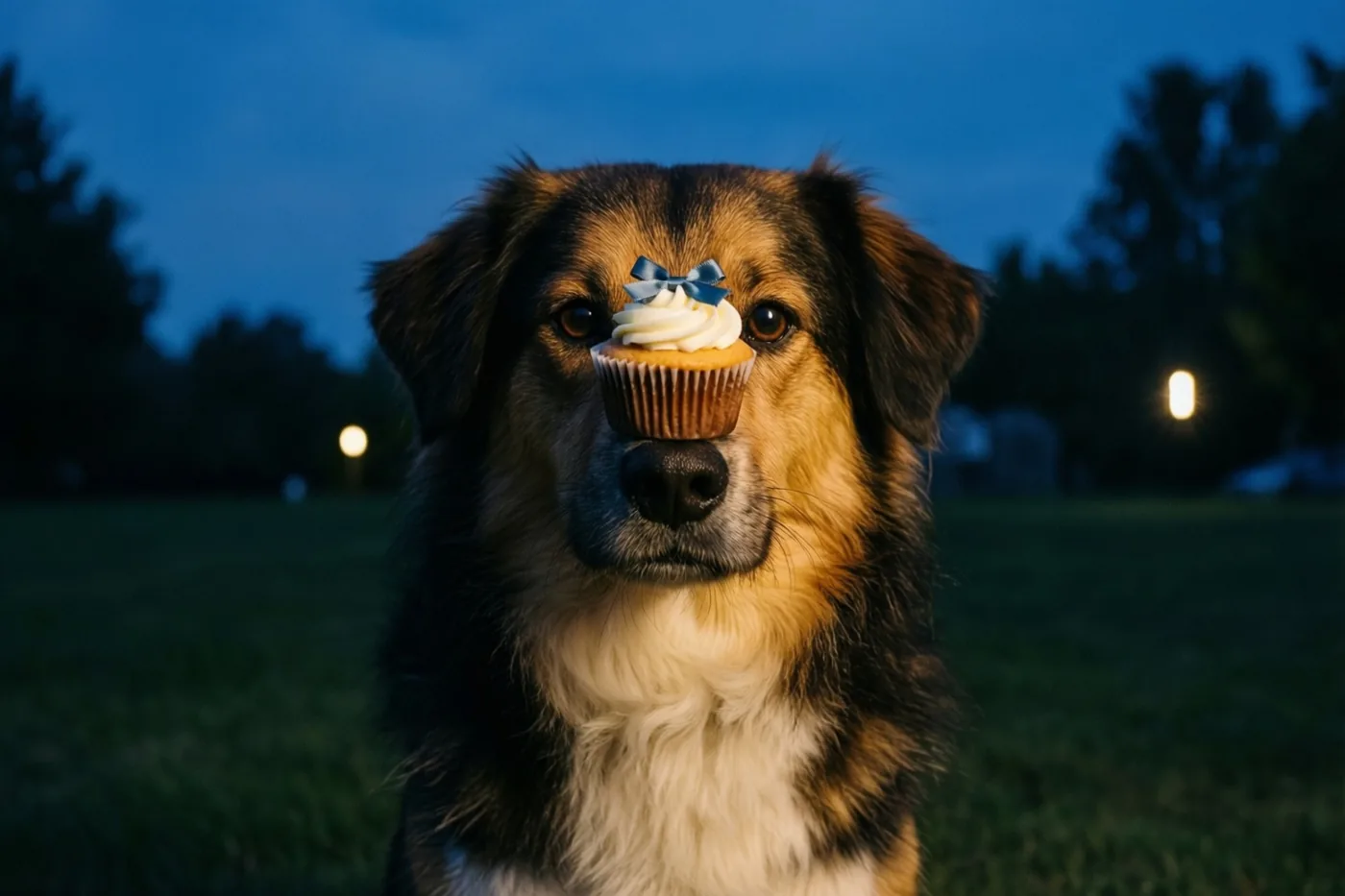 Een bruin-zwarte hond balanceert een cupcake met wit glazuur en een blauwe strik op zijn neus, buiten in de schemering met een donkerblauwe hemel en wazige lichtjes.