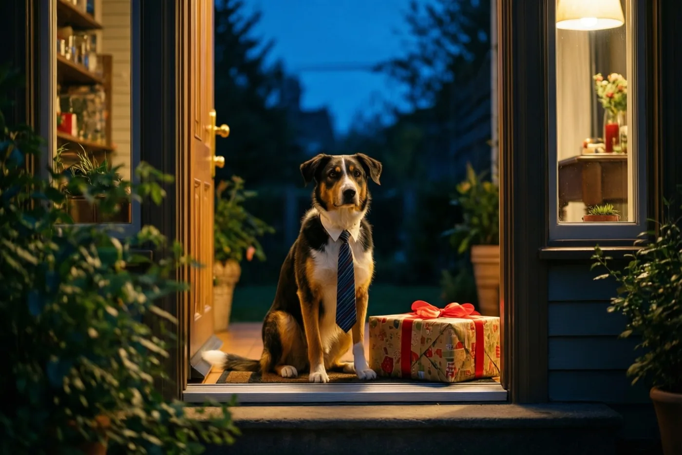 Een hond met een das zit naast een ingepakt cadeau op een drempel, gezien door een open deur met warm binnenlicht en een blauwe avondlucht buiten.
