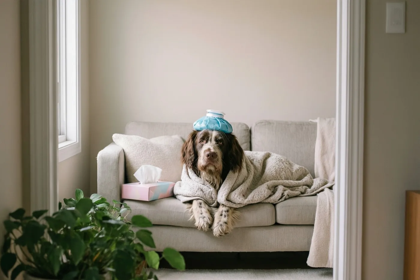 Een bruin-witte hond rust in een beige deken op een lichte zetel met een blauwe koelzak op de kop en een doos zakdoekjes ernaast, bij een raam en een potplant.
