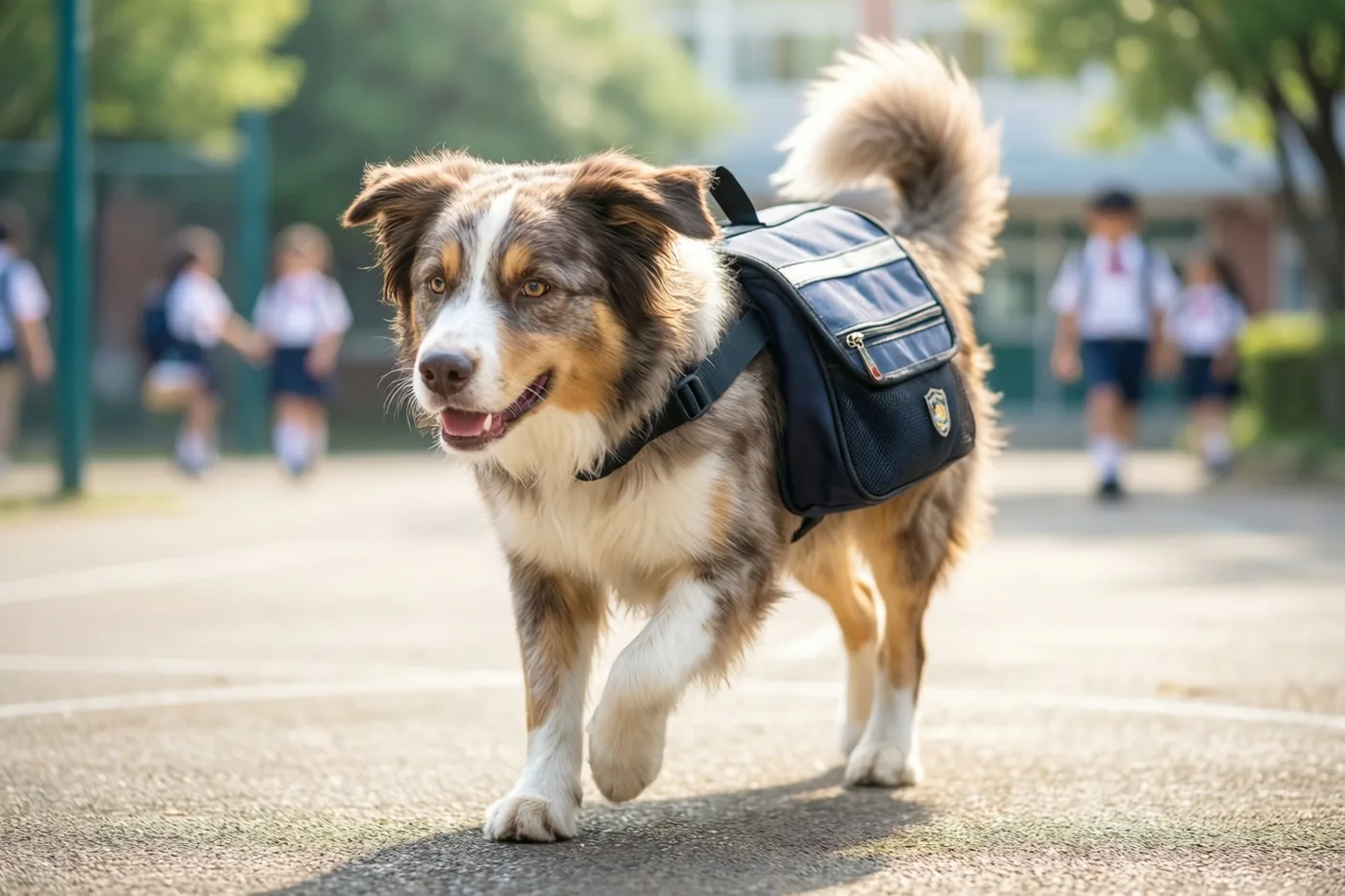 Een bruin-witte hond met een pluimstaart draaft met een donkerblauwe boekentas over een verharde speelplaats, met onscherpe kinderen in schooluniform op de achtergrond.