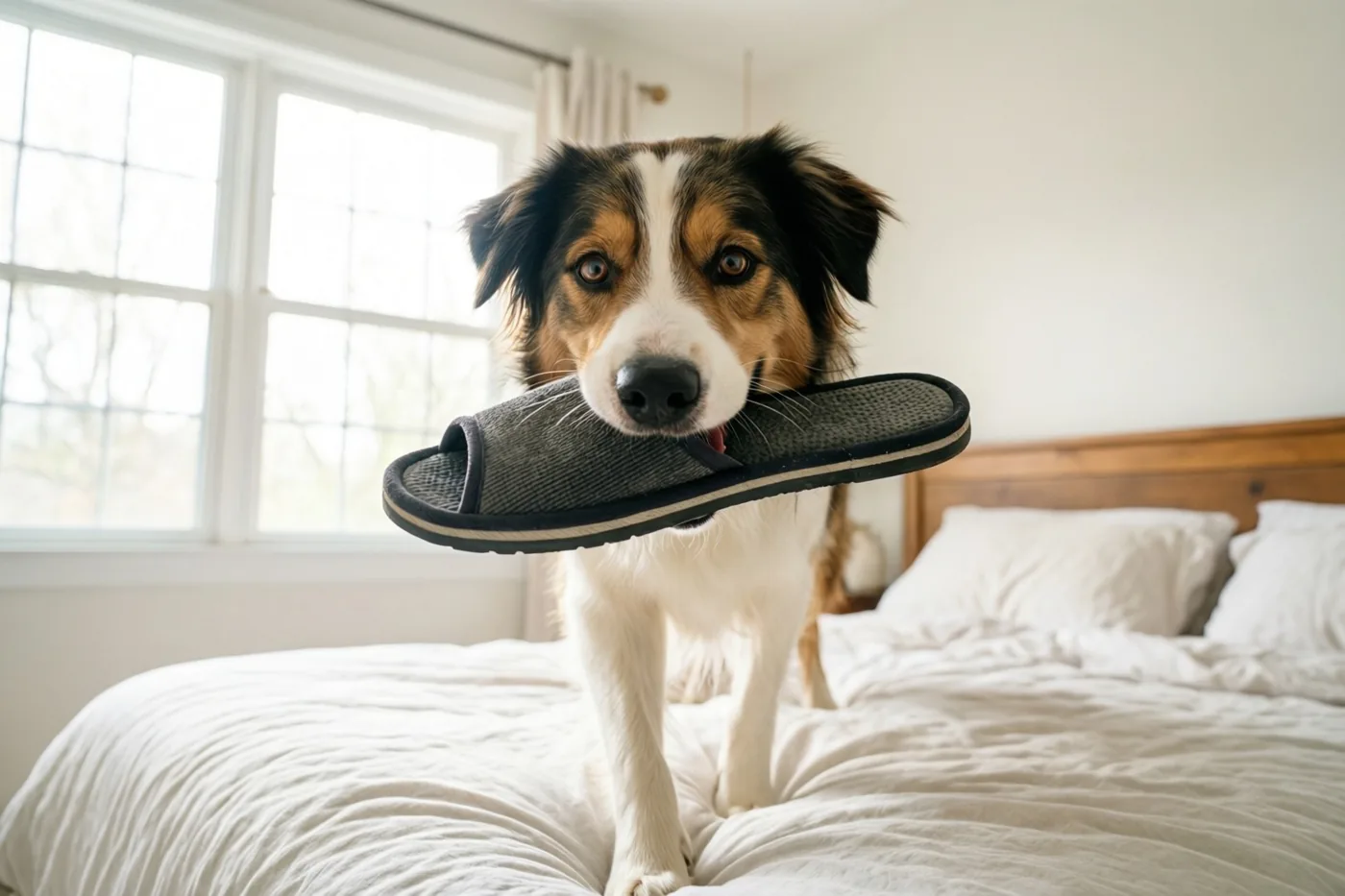 Een hond met bruine, zwarte en witte vacht staat op een bed met een donkere pantoffel in zijn bek, in een lichte slaapkamer met een raam en een houten hoofdbord.
