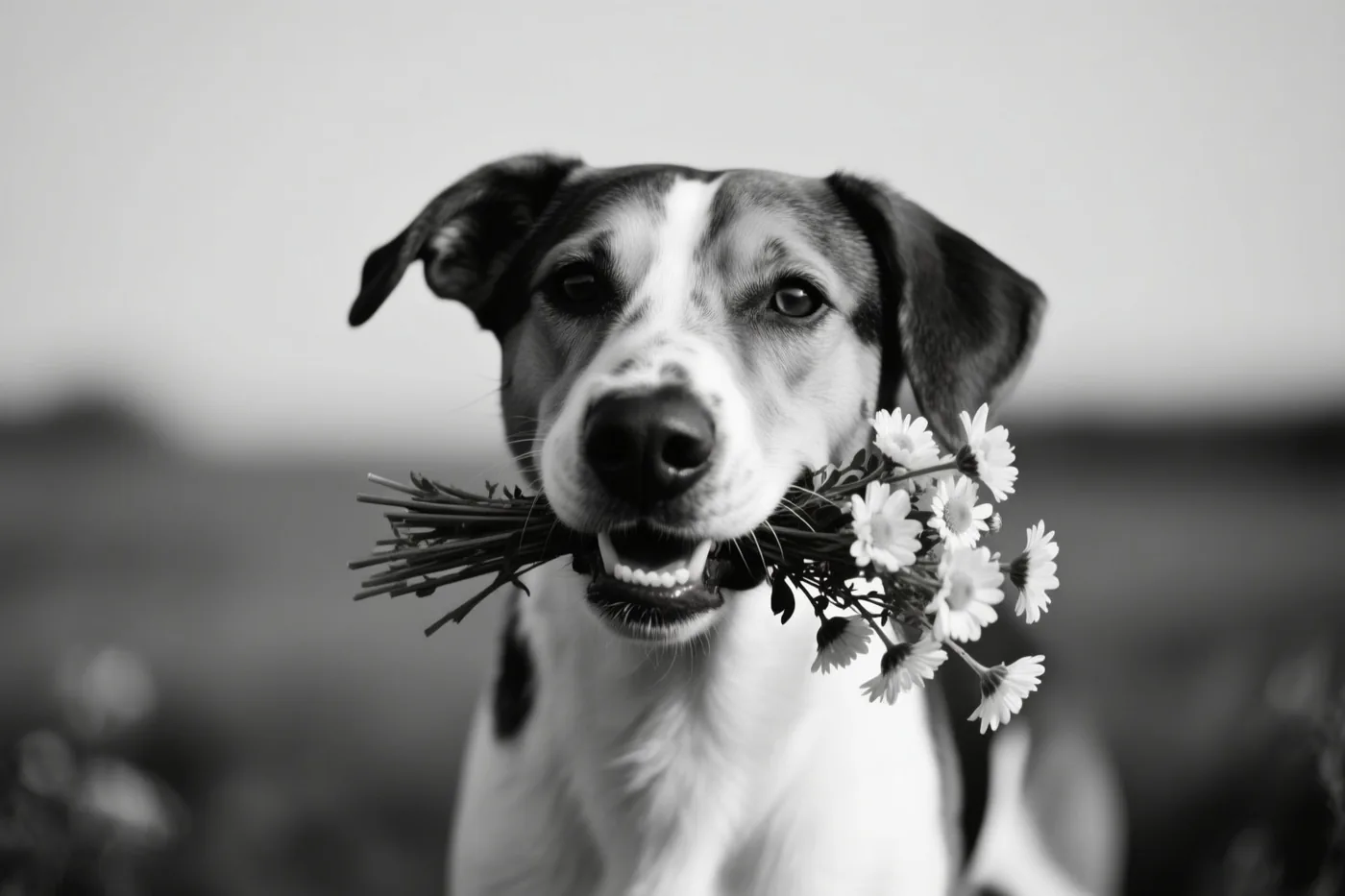 Een zwart-witfoto toont een hond met een witte snuit en donkere vlekken die een klein bosje margrieten in zijn bek houdt tegen een wazige achtergrond.