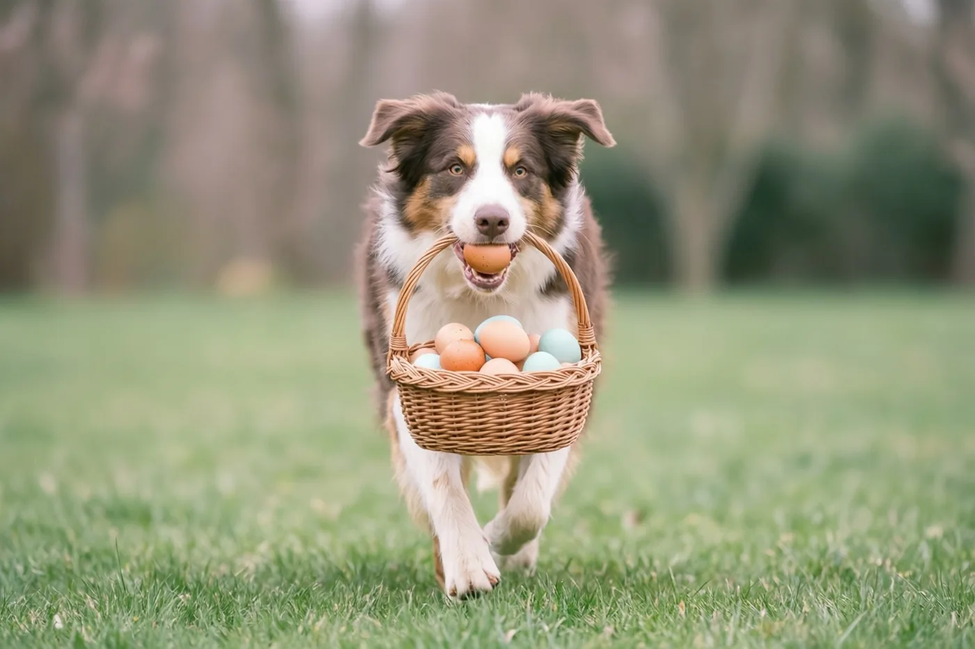 Een bruin-witte hond draaft over een groen gazon met een rieten mand vol gekleurde eieren in zijn bek, tegen een onscherpe achtergrond van bomen.