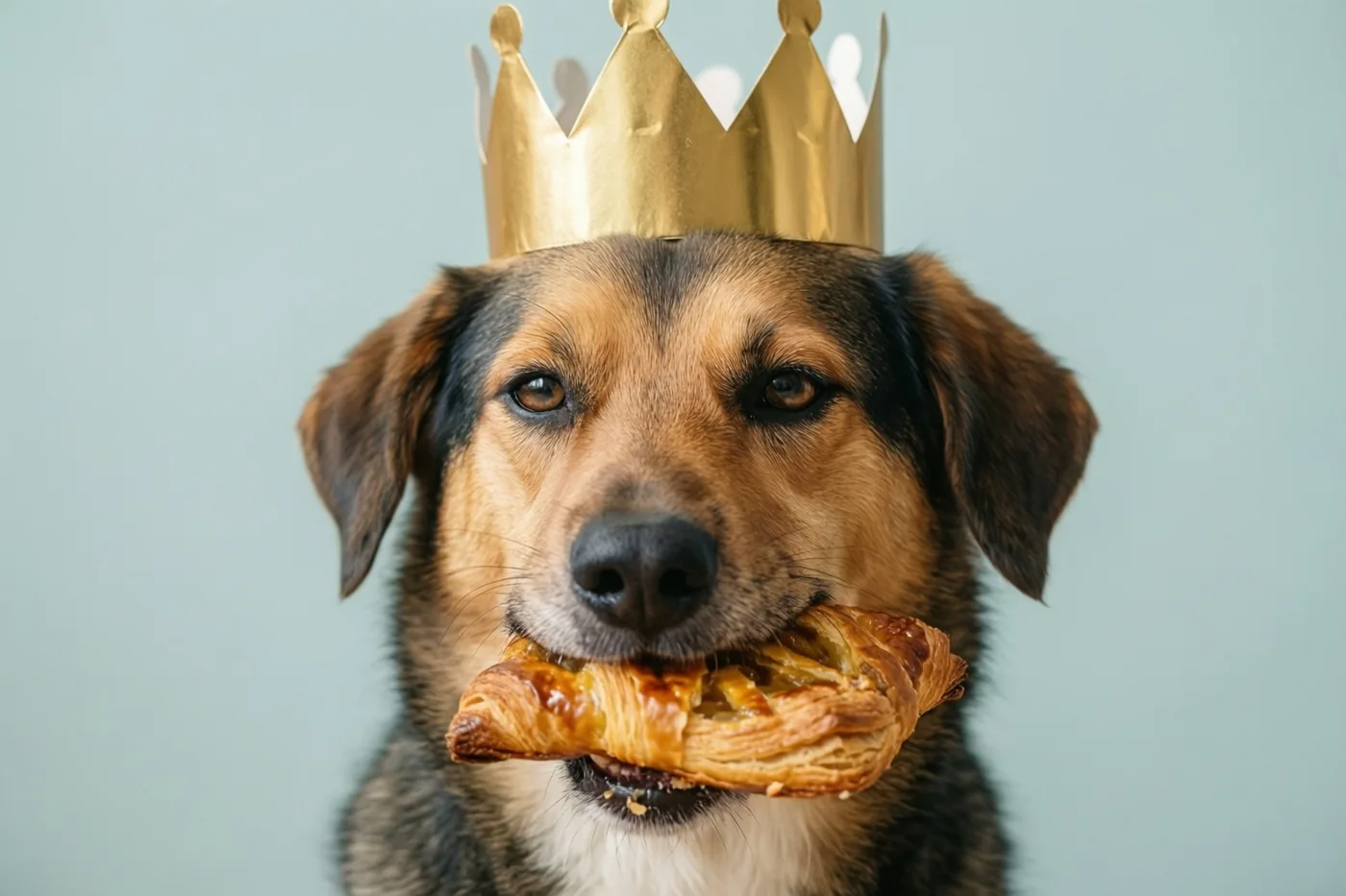 Een hond met een goudkleurige papieren kroon houdt een gebakje in zijn bek tegen een effen lichtblauwe achtergrond.