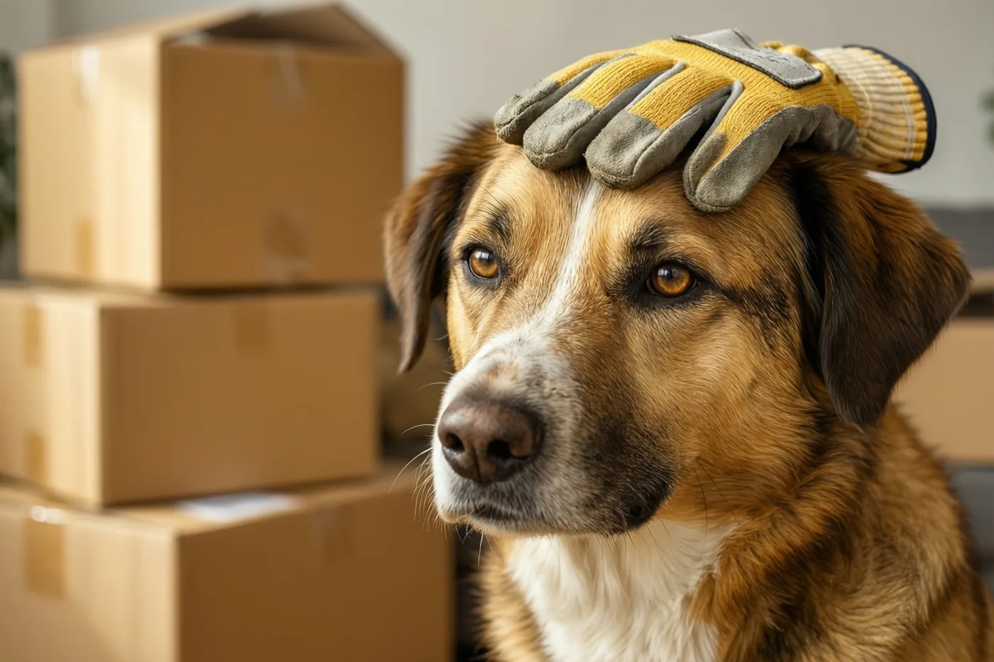 Een bruin-witte hond kijkt naar de kijker met een geel-grijze werkhandschoen op zijn kop en een stapel kartonnen verhuisdozen achter zich.
