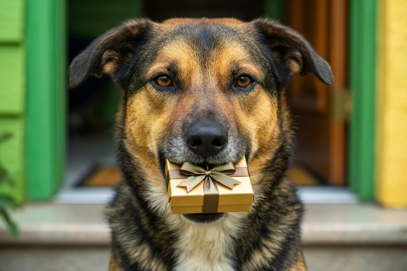 Een bruin-zwarte hond zit op een drempel met een klein gouden cadeaudoosje met een strik in zijn bek, voor een groen deurkozijn en een gele muur.
