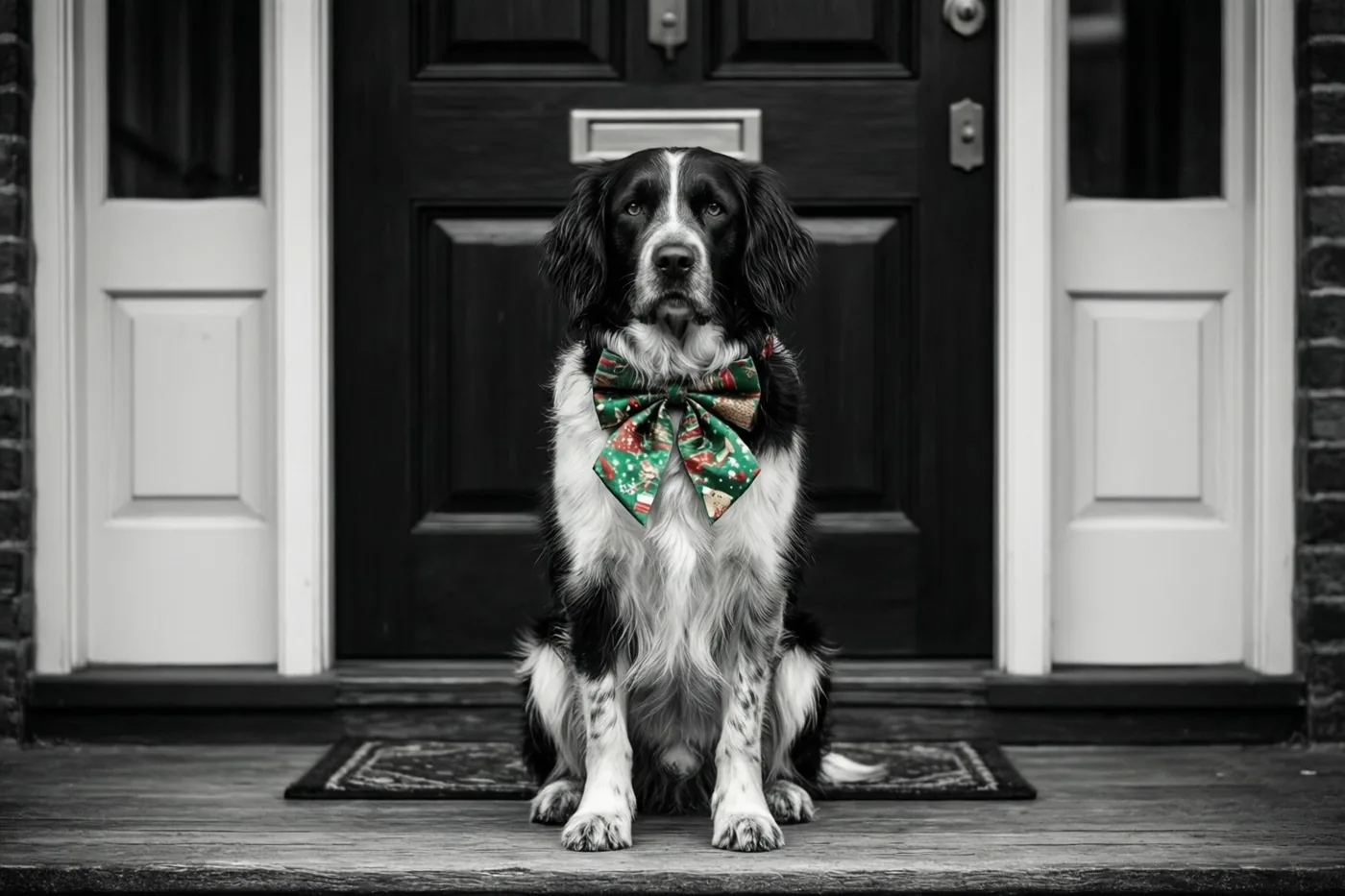 Op een zwart-witfoto zit een hond met een groene strik voor een donkere deur op een veranda, waarbij alleen de strik gekleurd is.