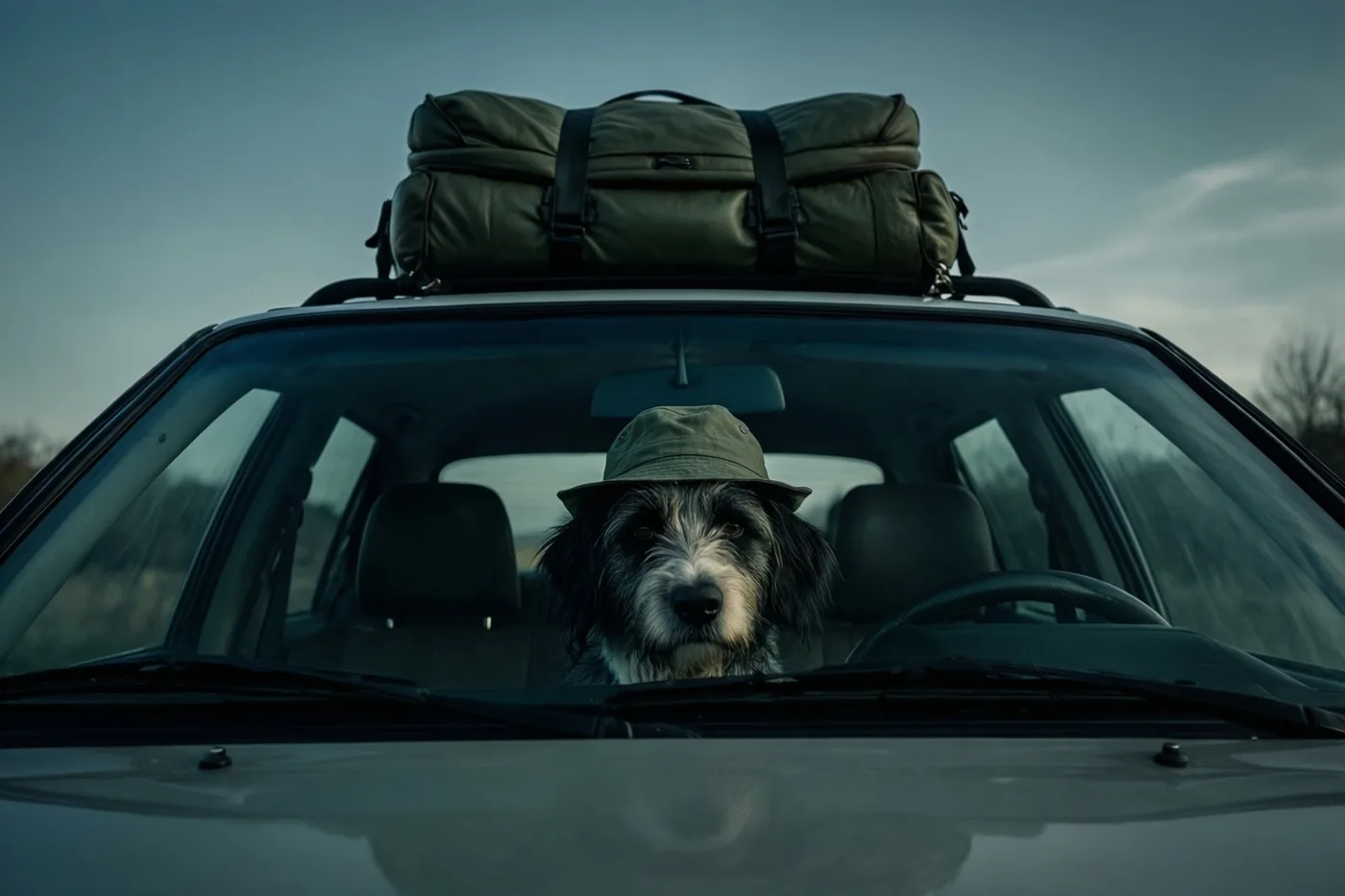 Een hond met een groene hoed zit op de bestuurdersstoel van een auto met een grote groene tas op de dakdrager, onder een grauwe lucht.