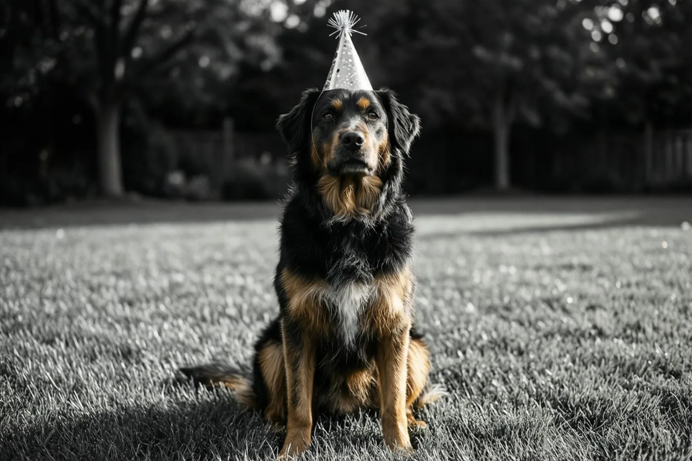Een zwartbruine hond met een klein feesthoedje zit op een gazon, waarbij de vacht en het hoedje kleur behouden in een verder zwart-witbeeld.
