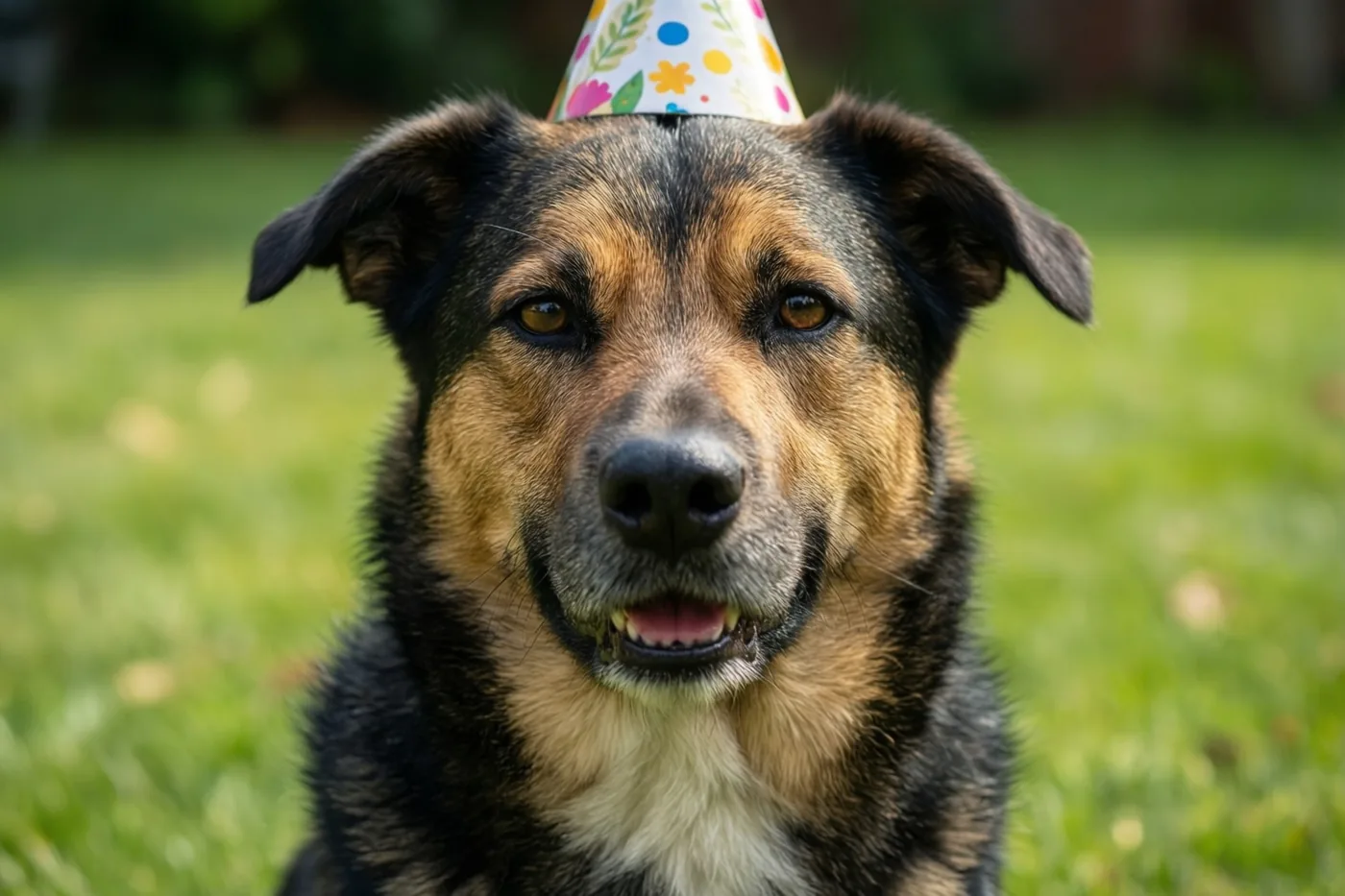 Een zwartbruine hond met een kleurrijk feesthoedje zit op een groen gazon en kijkt recht in de camera.