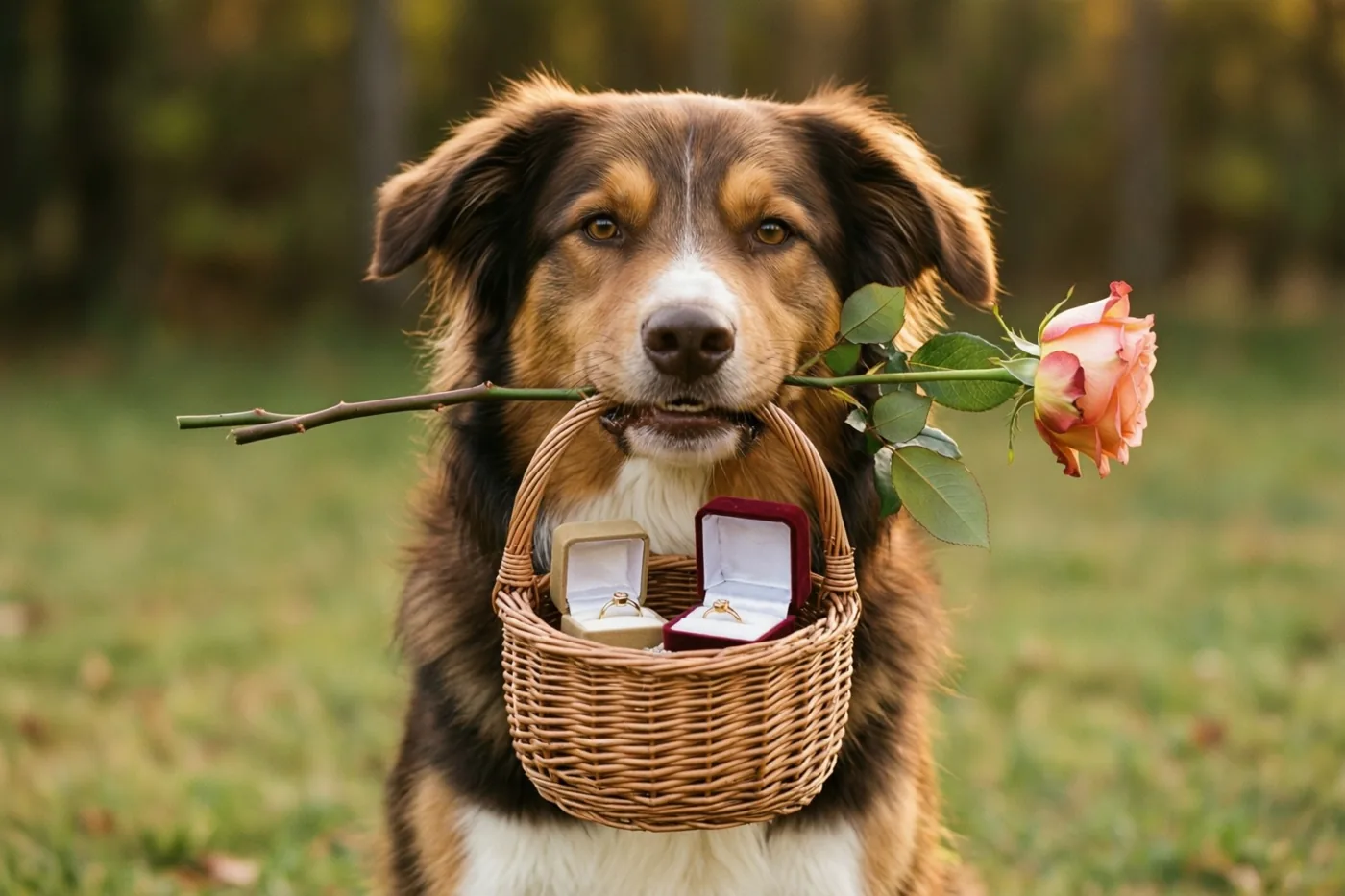 Een bruin-witte hond houdt een rieten mandje met een open ringdoosje en een roze roos in zijn bek op een grasveld met een onscherp bos op de achtergrond.