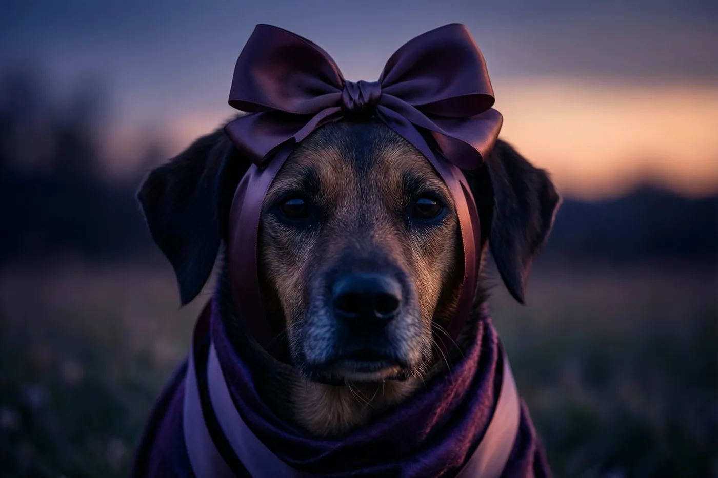 Een hond met een grote paarse strik op zijn kop en een bijpassend lint om zijn nek kijkt naar de camera tegen een onscherpe paarse en oranje avondachtergrond.