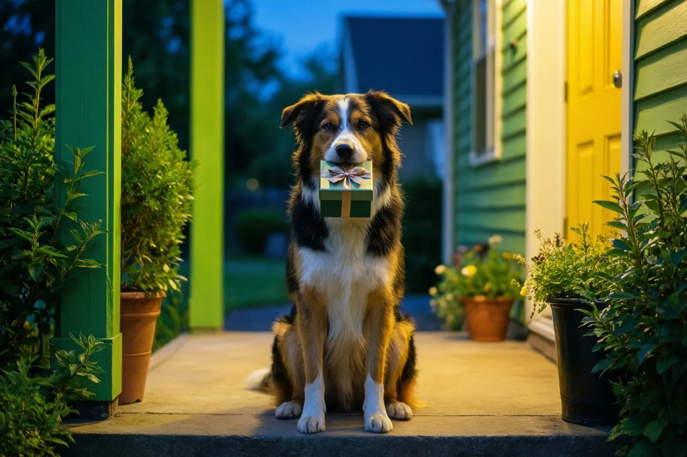 Een driekleurige hond zit in de schemering op een verandatrede met een cadeaudoosje met strik in zijn bek, tussen groene gevelbekleding en potplanten in warm licht.