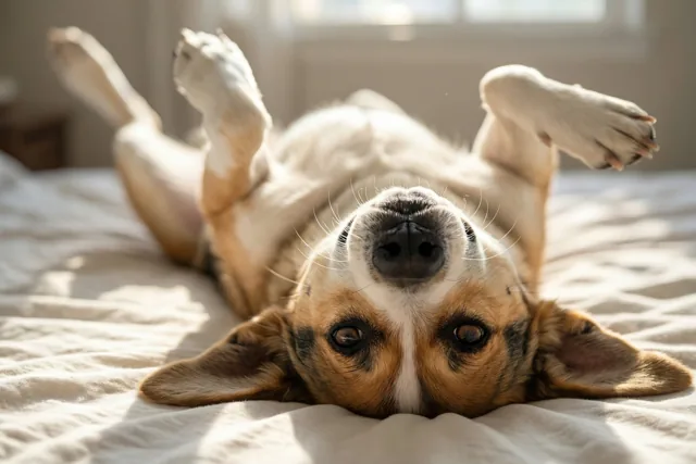 Een hond ligt op zijn rug op een bed met zijn poten in de lucht, in warm ochtendlicht en omringd door beige, witte en bruine tinten.
