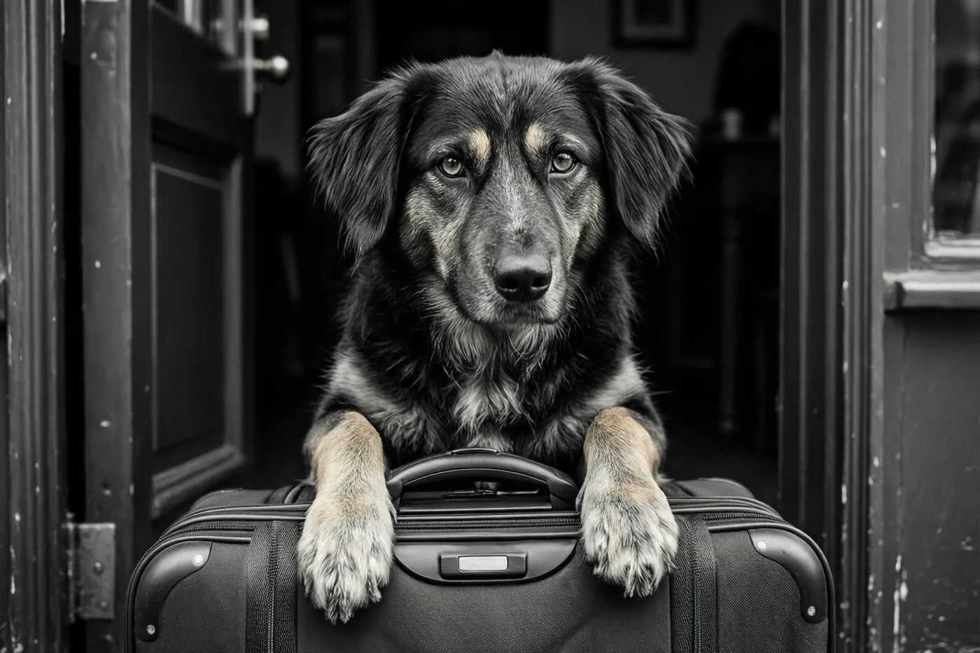 Op een zwart-witfoto zit een hond op een koffer in een deuropening, met zijn poten op het handvat.