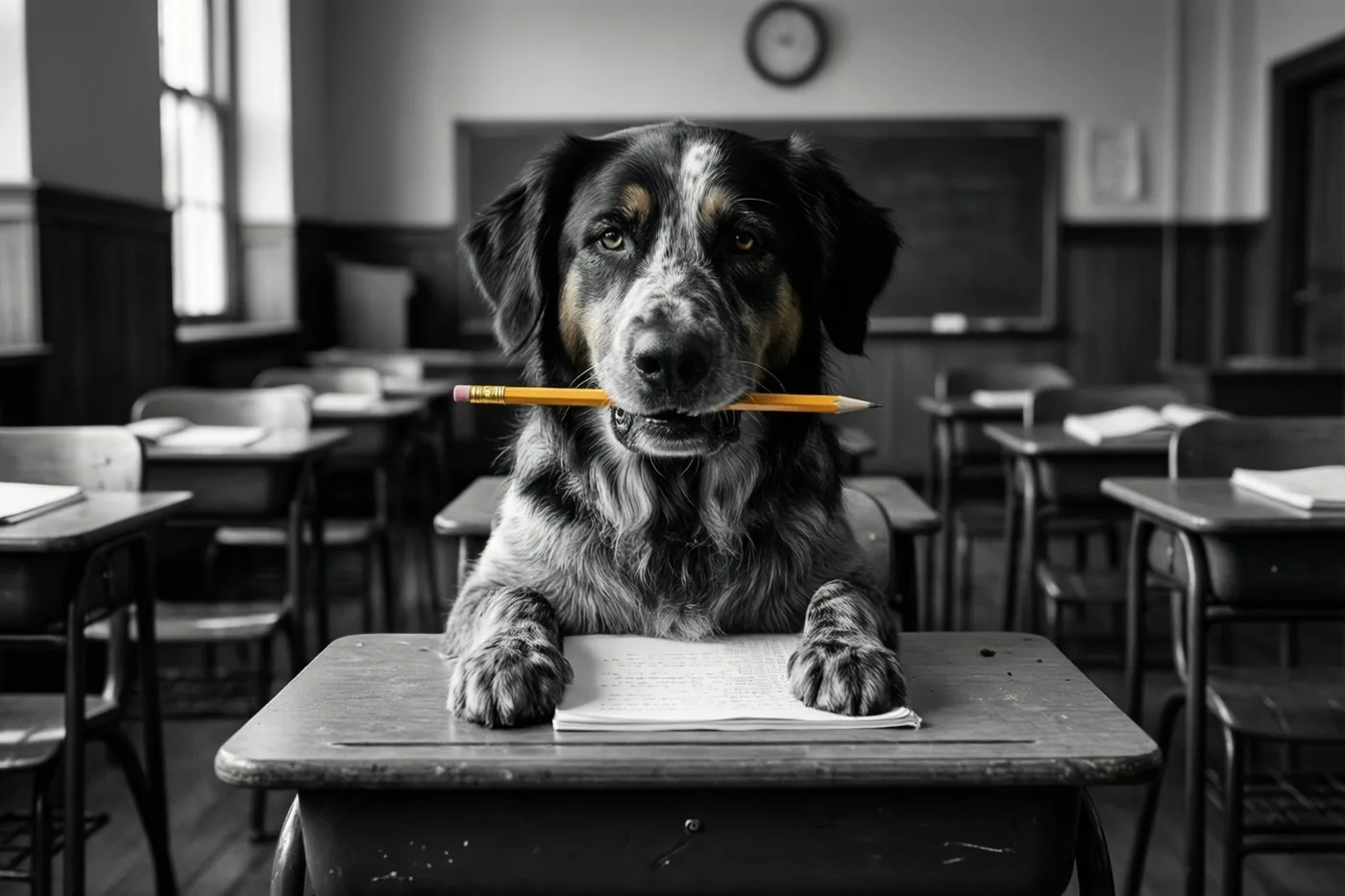 Op een zwart-witfoto zit een hond met een potlood in zijn bek aan een houten schoolbank in een leeg klaslokaal en kijkt recht naar de camera.