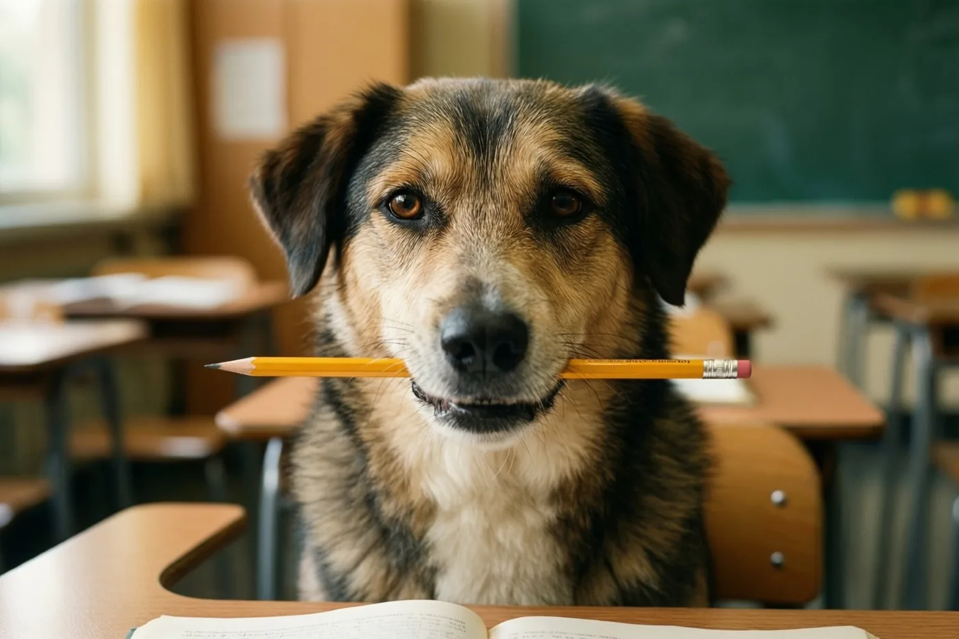 Een bruin-zwarte hond houdt een geel potlood in zijn bek aan een houten schoolbank, met een groen krijtbord en andere schoolbanken achter zich.