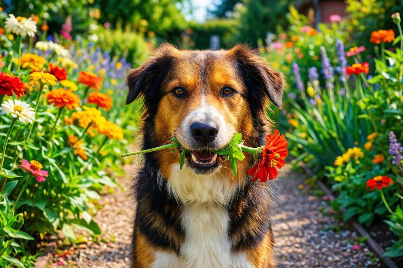 Een driekleurige hond met een witte borst zit met een rode bloem in zijn bek op een grindpad in een zonnige tuin vol oranje, gele en paarse bloemen.