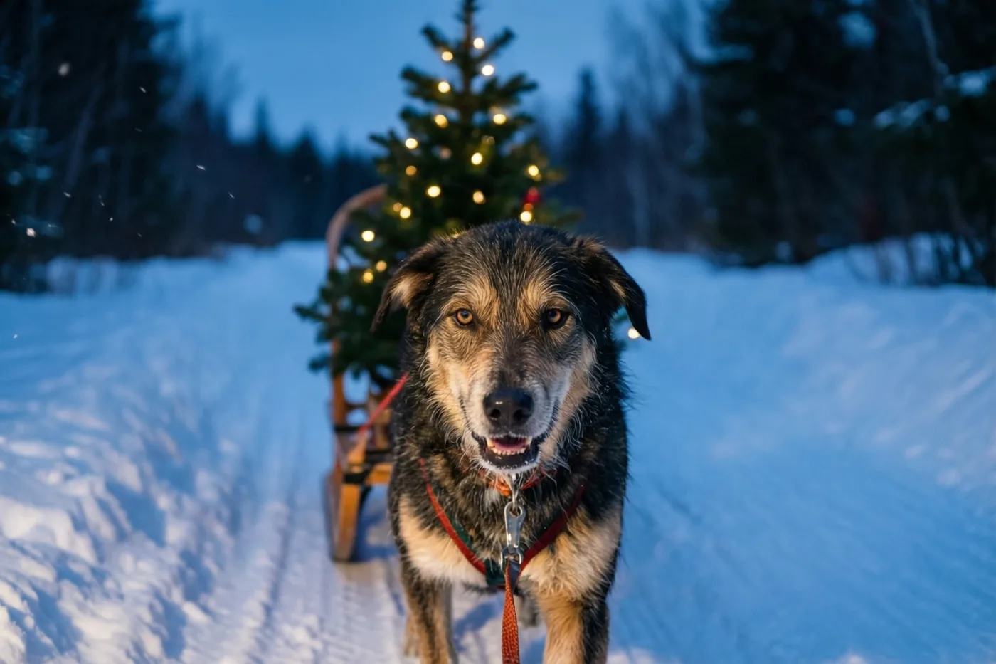 Een hond met een rood tuig trekt een houten slee met een klein versierd kerstboompje over een besneeuwd bospad onder een blauwe avondhemel.