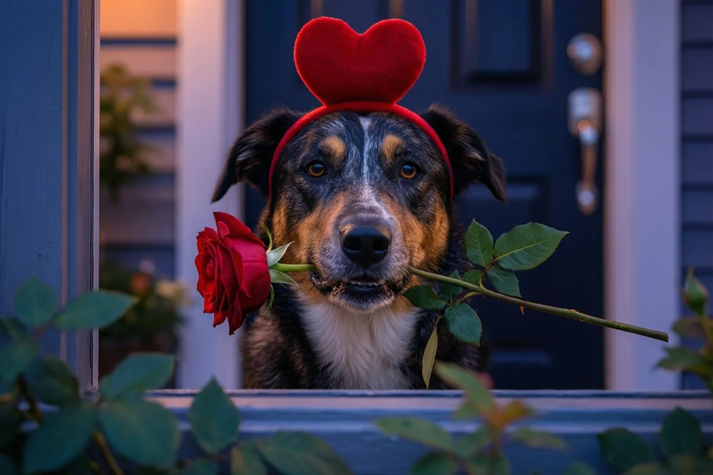 Een hond met een rode hartvormige haarband staat in warm licht op een drempel bij schemering, met een rode roos in zijn bek.