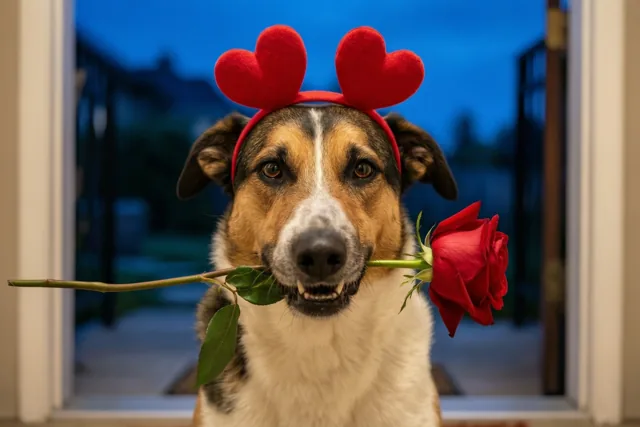Een hond met een rode hartvormige haarband zit op een drempel met een rode roos in zijn bek, warm verlicht tegen een blauwe avondlucht en een witte deurpost.