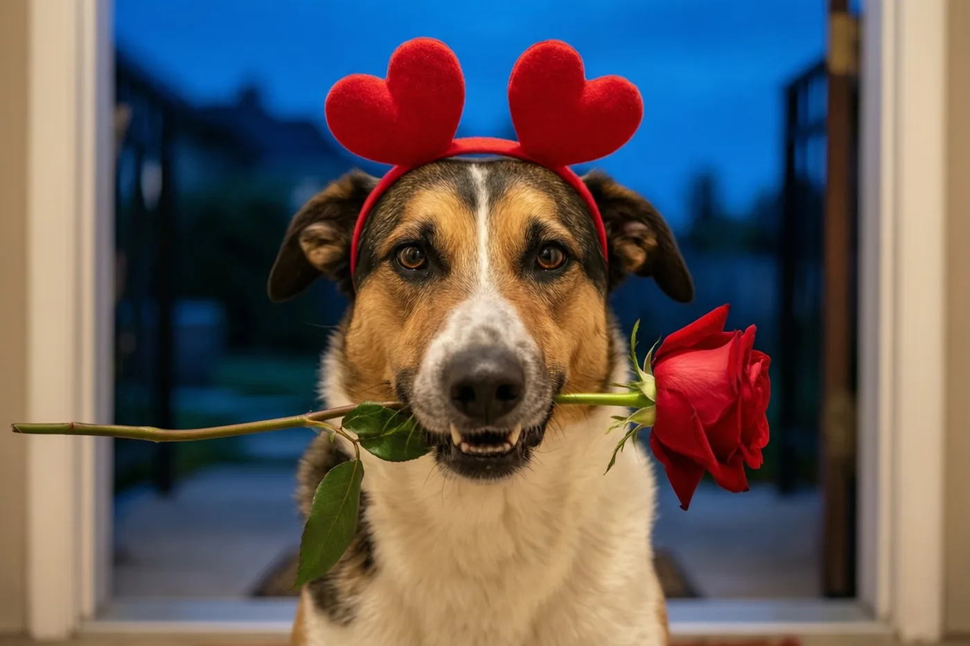 Een hond met een rode hartvormige haarband zit op een drempel met een rode roos in zijn bek, warm verlicht tegen een blauwe avondlucht en een witte deurpost.