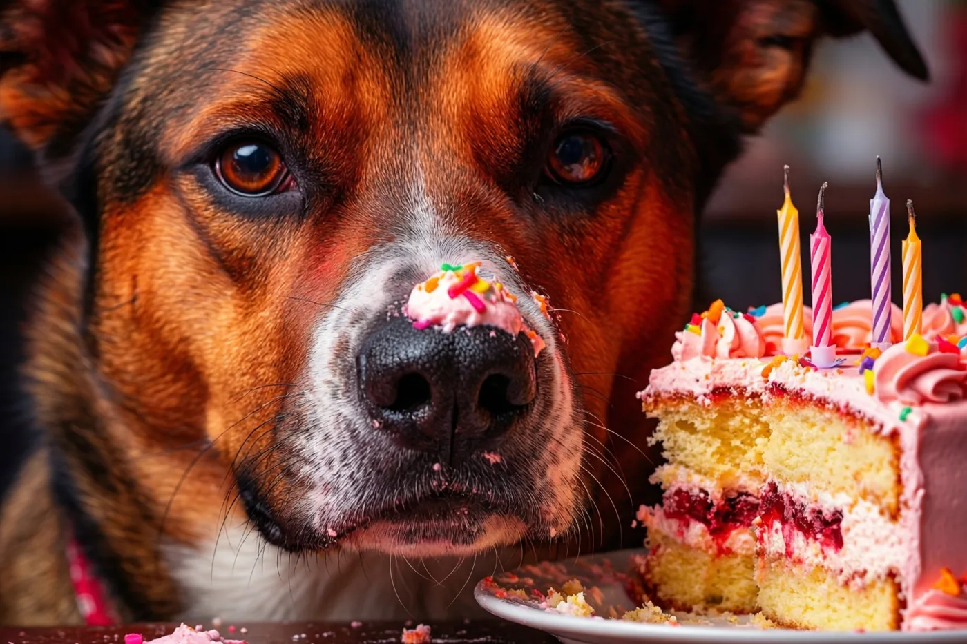 Een bruin-zwarte hond met roze glazuur en suikerstrooisel op zijn neus kijkt van dichtbij naar een deels opgegeten verjaardagstaart met kaarsen.