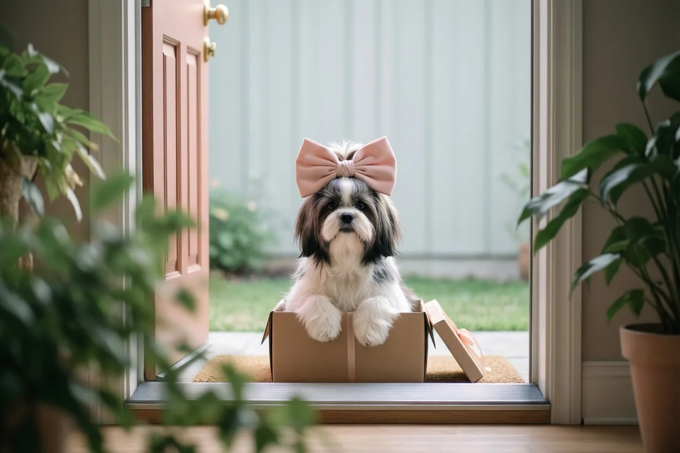 Een kleine pluizige hond met een grote roze strik op zijn kop zit in een kartonnen geschenkdoos op een drempel, met potplanten aan weerszijden.
