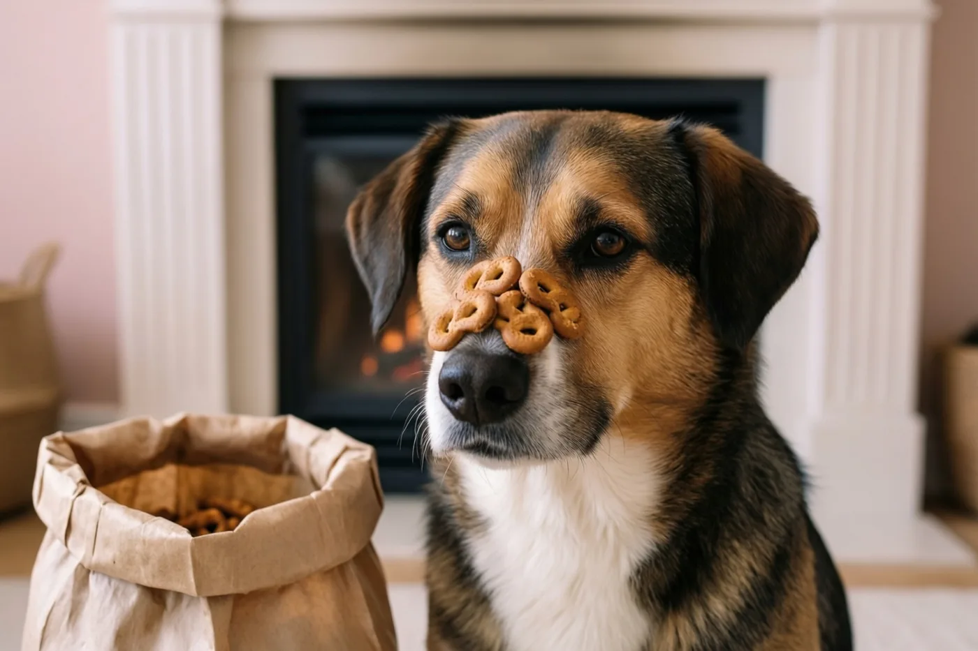 Een hond met enkele kleine ronde snoepjes op zijn neus zit naast een papieren zak bij een haard in warm licht.