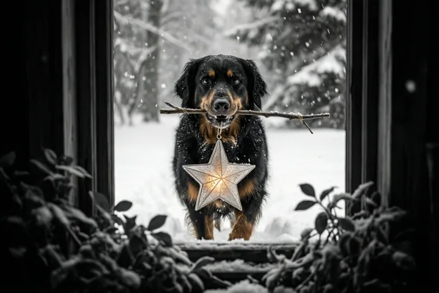 De hond staat met de ster