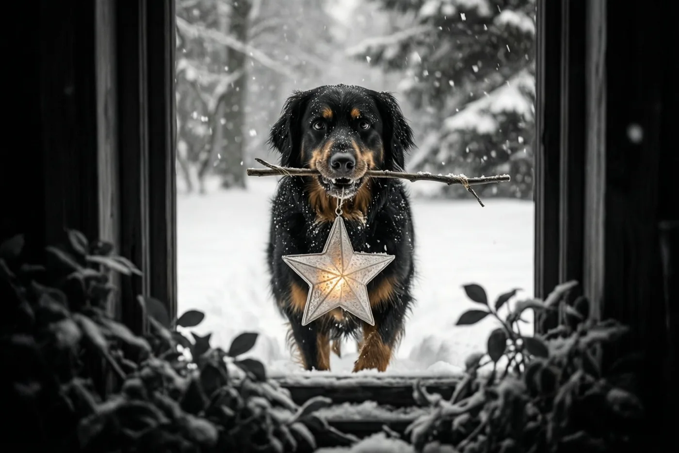 Door een raam zie je een zwarte hond met bruine aftekeningen in de sneeuw staan met een stok met een lichtgevende sterlantaarn in zijn bek, achter besneeuwd gebladerte.