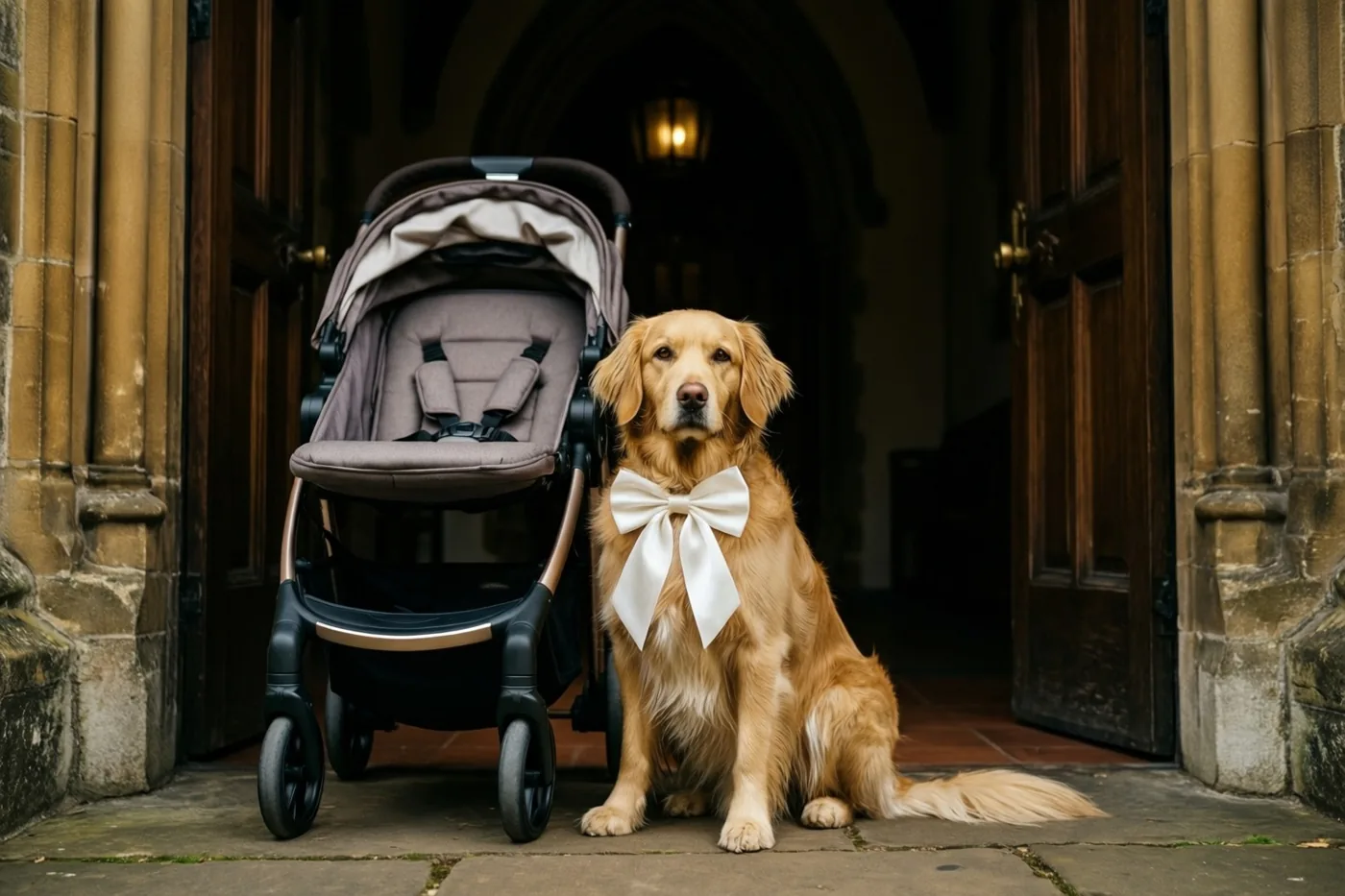 Een golden retriever met een witte satijnen strik zit naast een kinderwagen bij de ingang van een stenen kerk in warm licht.